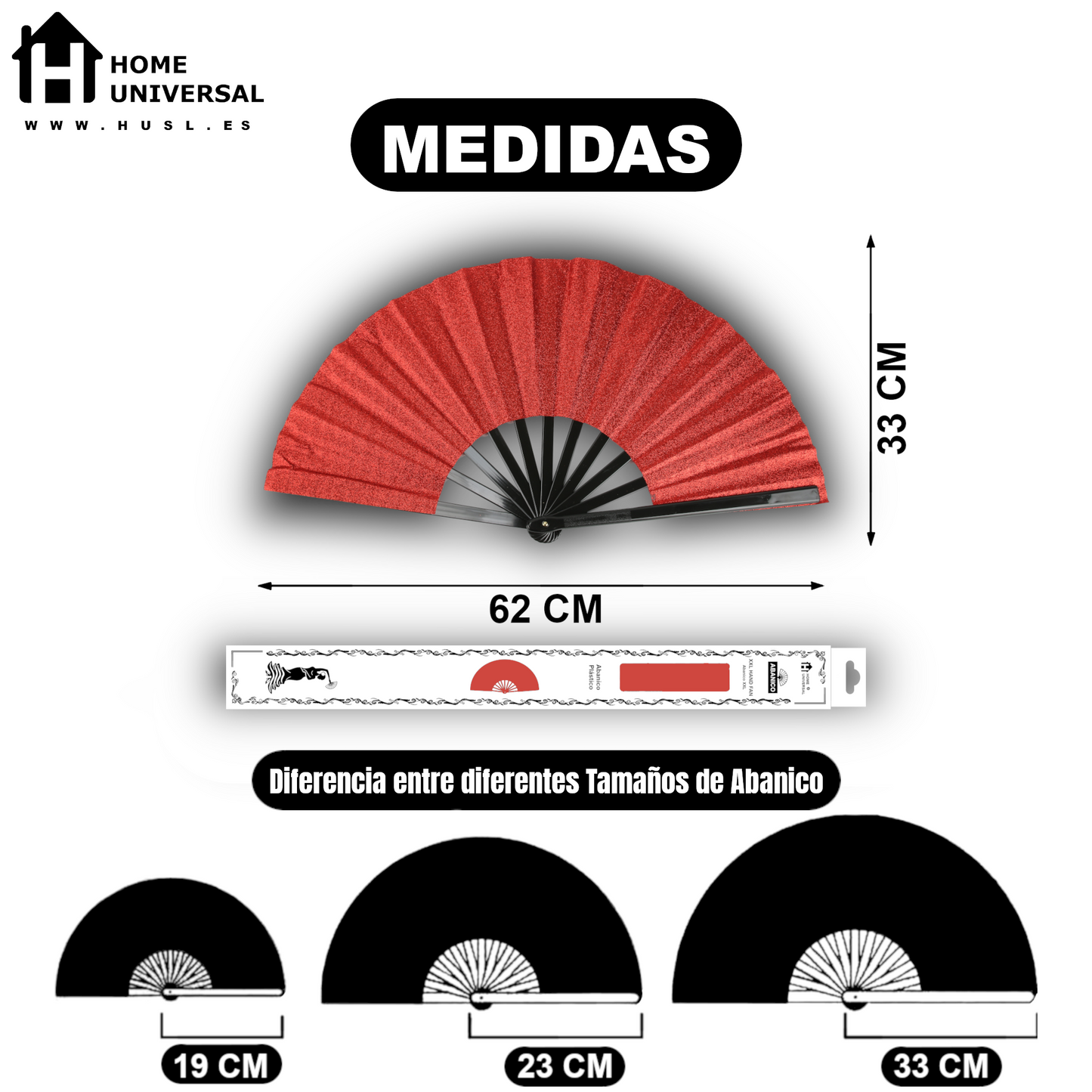 Home Universal® Abanico XXL 33 cm Grande de Plástico con Caja – Plegable, Ligero y Resistente – Efecto Fluorescente Brillante – Ideal para Verano, Fiesta, Discoteca, Pride y Eventos - Rojo (Purpurina)