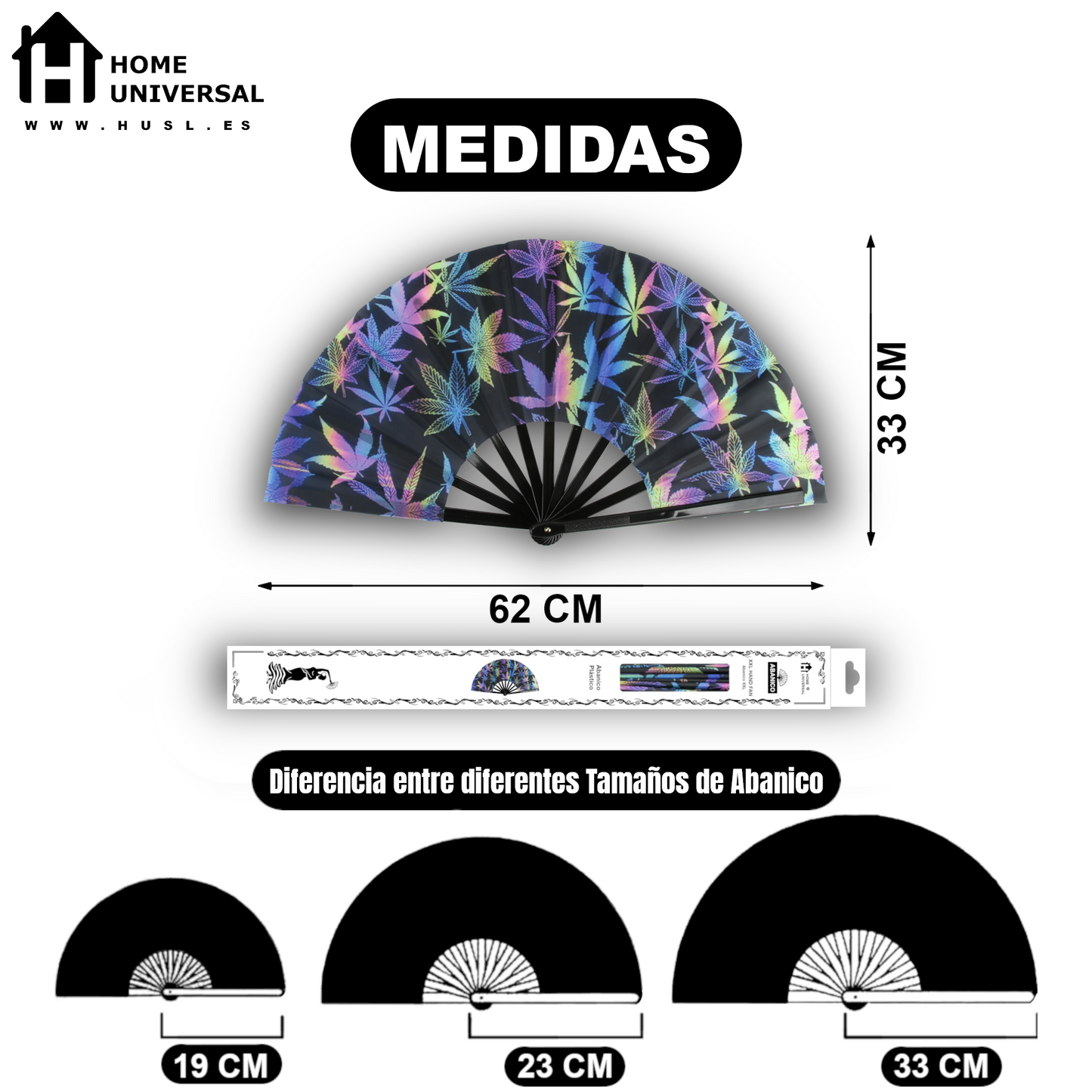 Home Universal® Abanico XXL 33 cm Grande de Plástico con Caja – Plegable, Ligero y Resistente – Efecto Fluorescente Brillante – Ideal para Verano, Fiesta, Discoteca, Pride y Eventos (Hierbas - Multicolor)