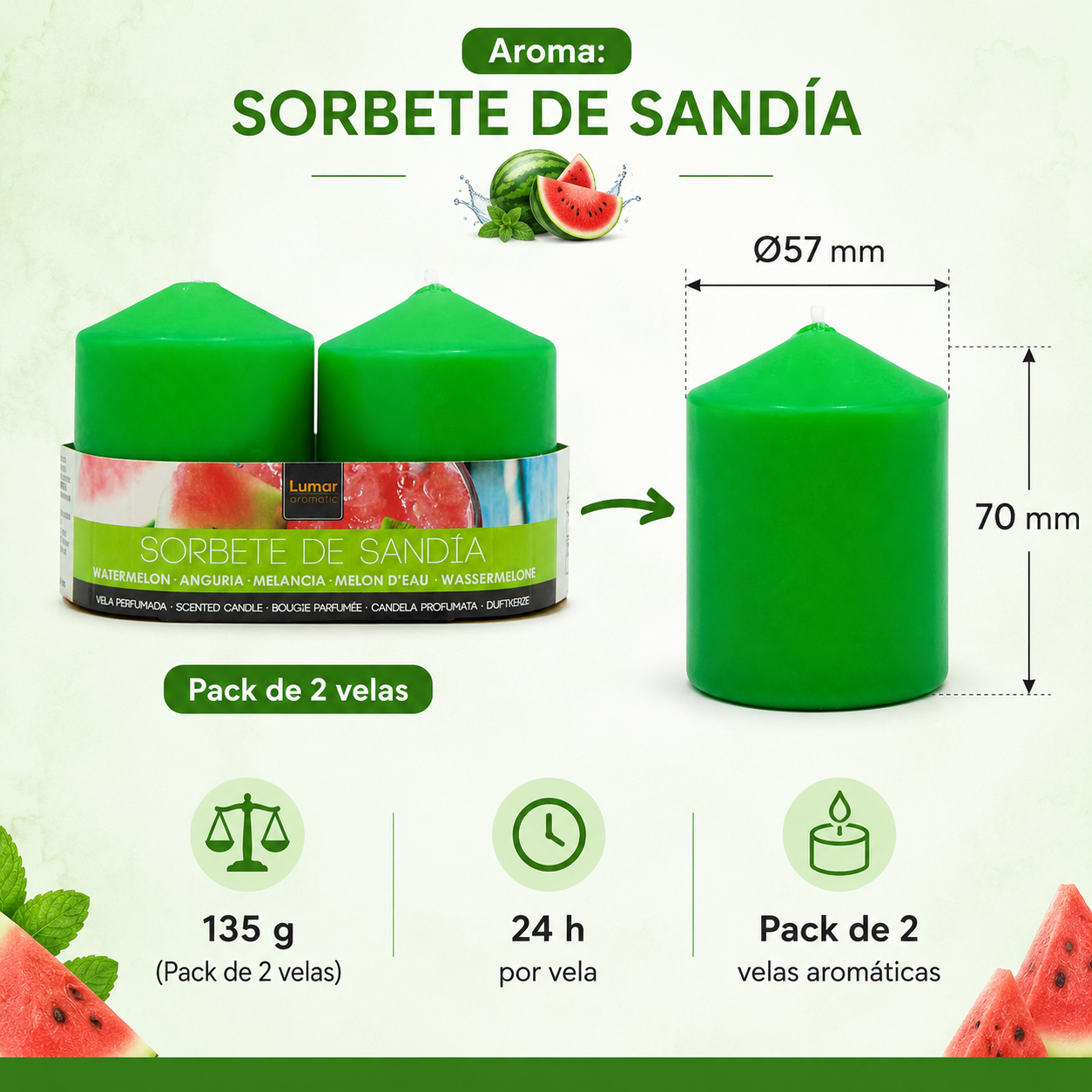 Home Universal® 6 Velas Aromáticas Perfumadas, 9 Aromas Disponibles, 2 Tamaños Disponibles, Velas Decorativas para Hogar, Relax, Spa y Aromaterapia (VERDE SANDÍA Ø57 × 70 mm)