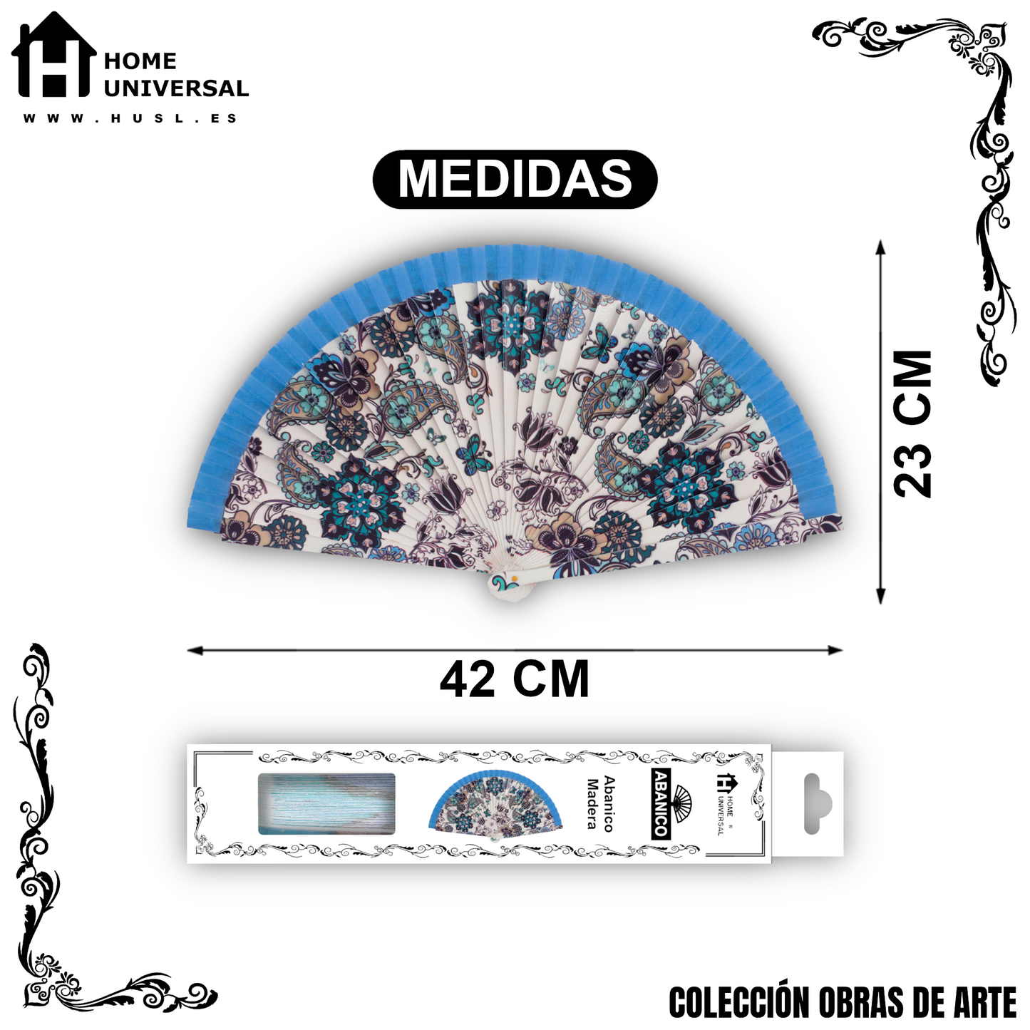 Home Universal®  Abanico 23CM DE Madera Lisa con Tela de Marfil, Abanico de Madera Adornado, Abanico Original - Estampado Floral con Tela Azul Celeste