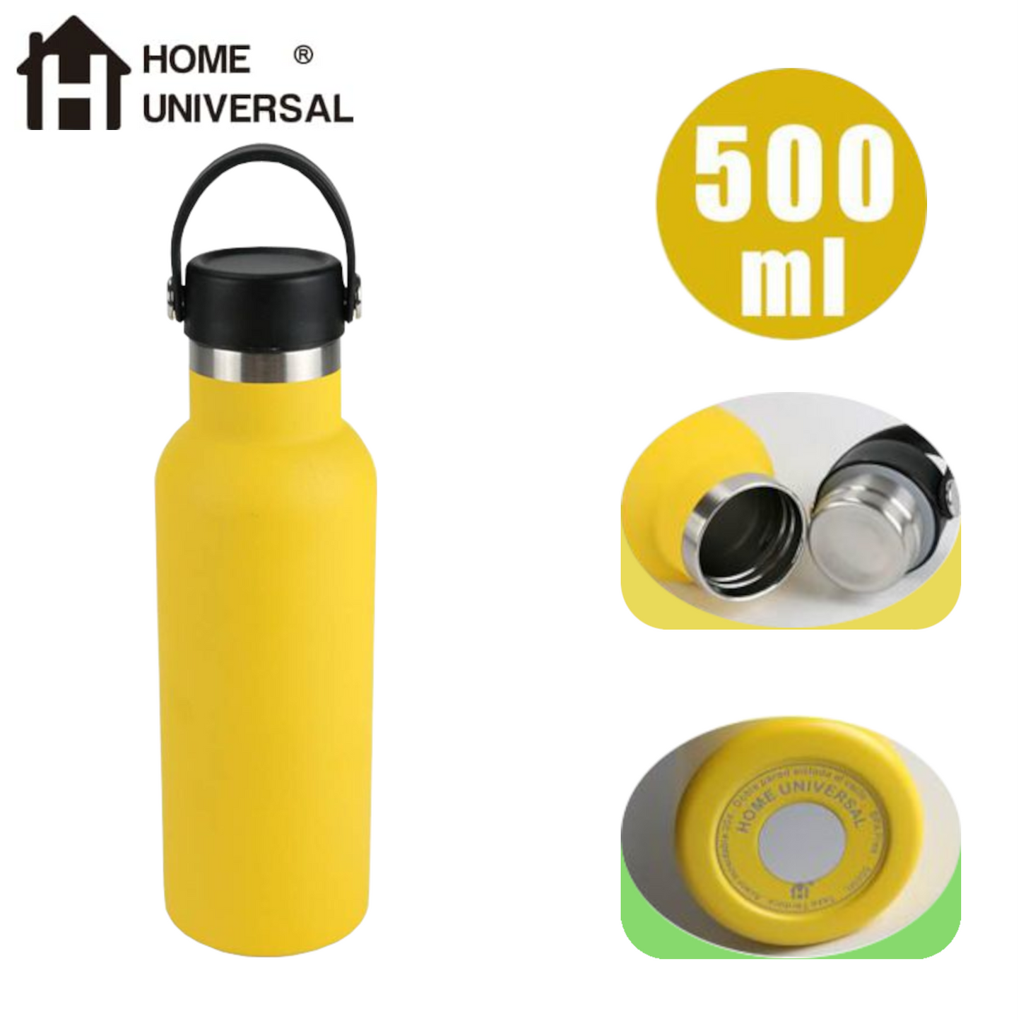 Home Universal® Botella Térmica 500ml de Acero Inoxidable | 12h y Frías 24h | Doble Pared | Mantiene Frío y Caliente por Horas | Antiderrames, Ligera e Ideal para Deporte, Oficina y Viajes (Amarillo)