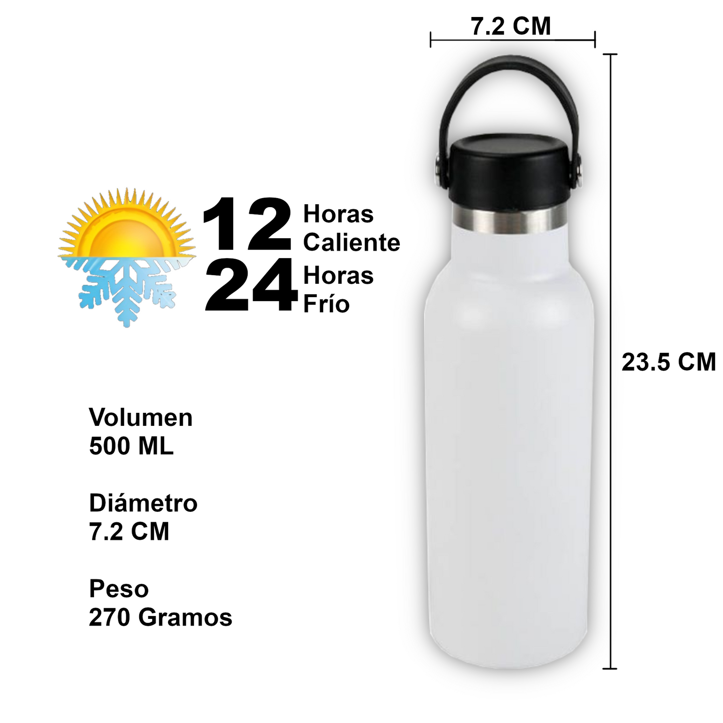 Home Universal® Botella Térmica 500ml de Acero Inoxidable | 12h y Frías 24h | Doble Pared | Mantiene Frío y Caliente por Horas | Antiderrames, Ligera e Ideal para Deporte, Oficina y Viajes - (Blanco)