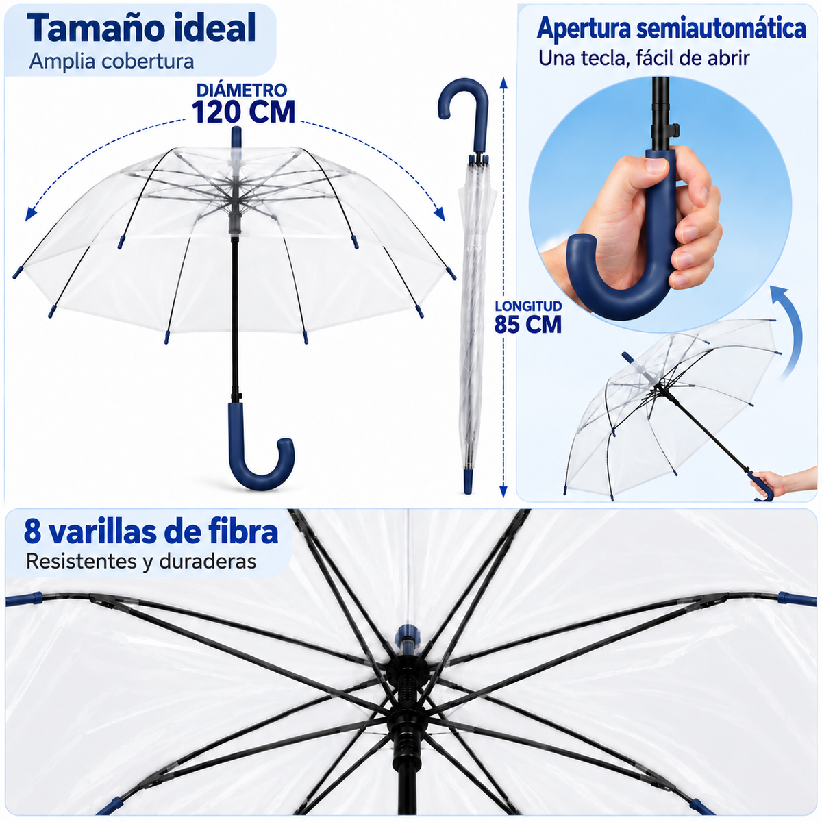 Home Universal® Paraguas Transparente Grande 120 cm, Paraguas de Cúpula con Mango Curvo, Apertura Semiautomática (Azul Marino)