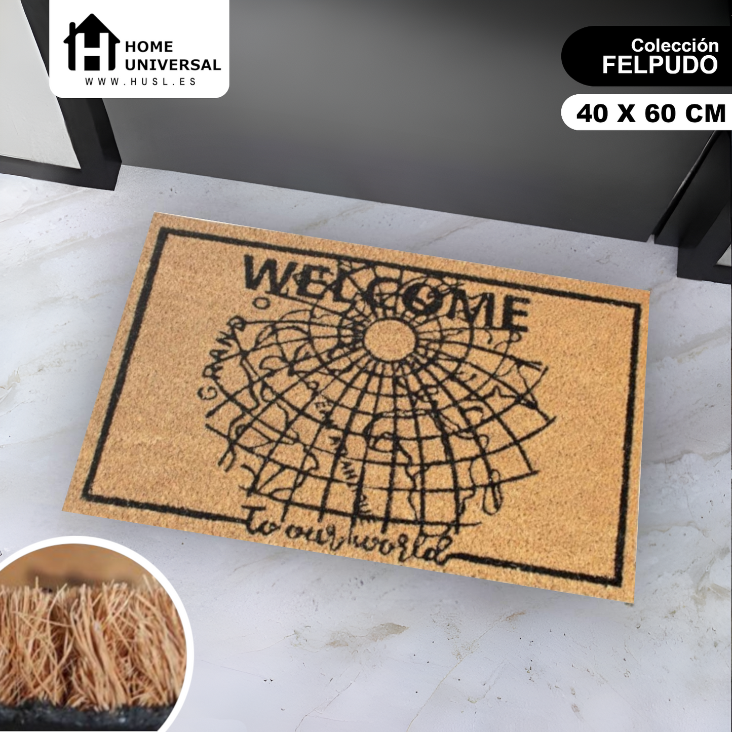 HOME UNIVERSAL | Felpudos de Fibra de Coco con Base Antideslizante 60x40x1.5CM (Mapa)