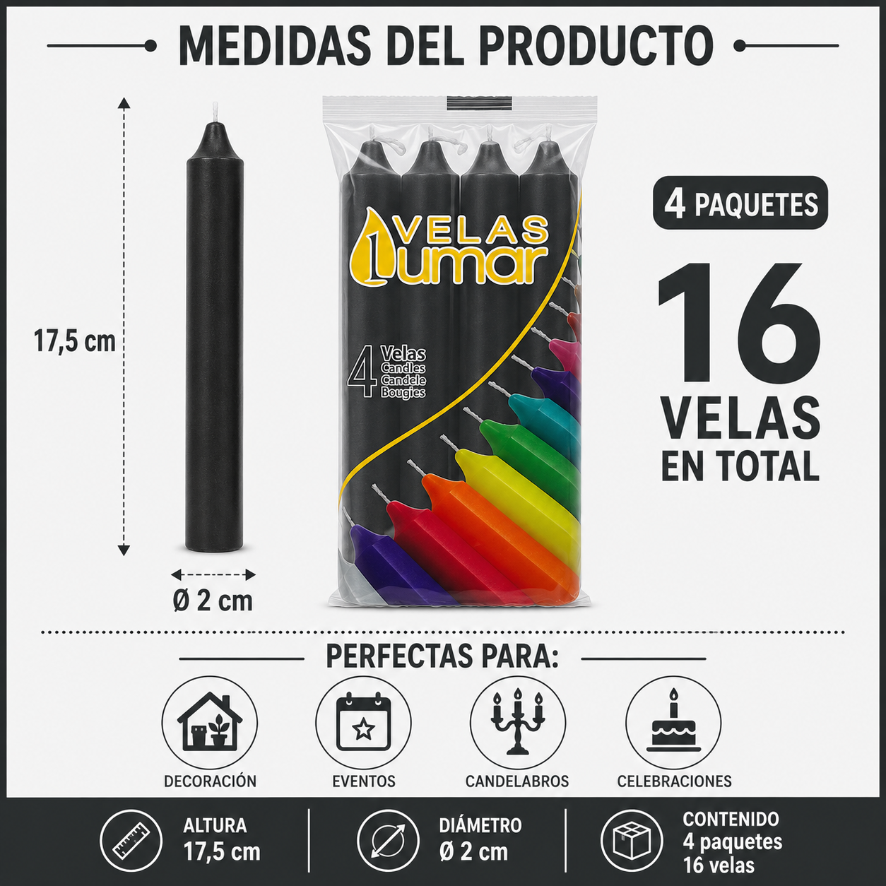 Home Universal® Pack de 16 Velas Cilíndricas Negro Elegante 175x20 mm, Velas para Candelabros, Decoración de Mesa, Bodas, Comuniones y Eventos