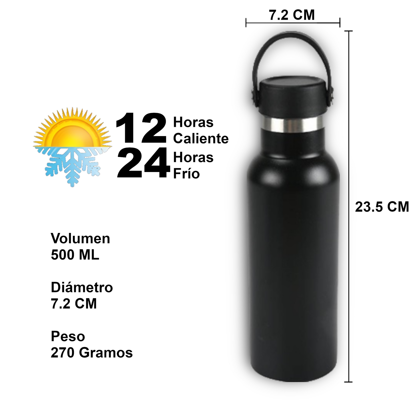 Home Universal® Botella Térmica 500ml de Acero Inoxidable | 12h y Frías 24h | Doble Pared | Mantiene Frío y Caliente por Horas | Antiderrames, Ligera e Ideal para Deporte, Oficina y Viajes - (Negro)