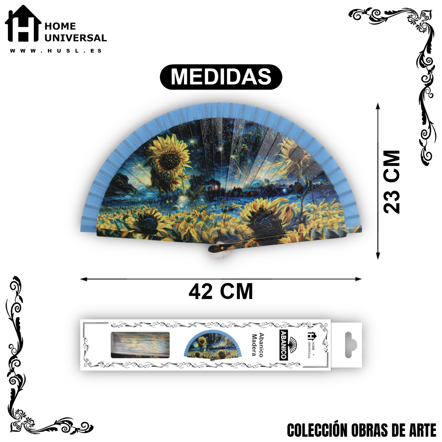 Home Universal®  Abanico 23CM DE Madera Lisa con Tela de Marfil, Abanico de Madera Adornado, Abanico Original - Girasoles de Noche (Dibujo Artístico)