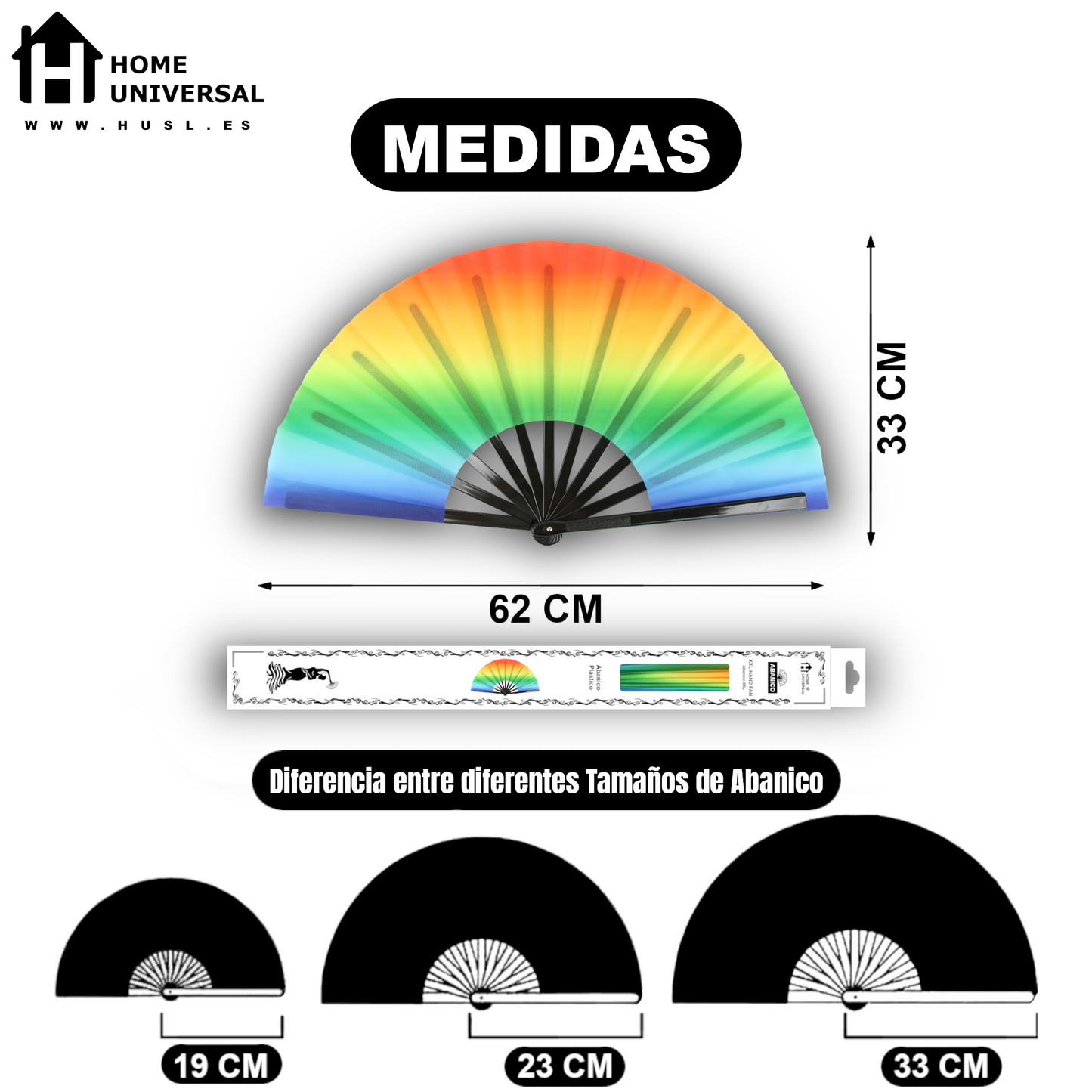 Home Universal® Abanico XXL 33 cm Grande de Plástico con Caja – Plegable, Ligero y Resistente – Efecto Fluorescente Brillante – Ideal para Verano, Fiesta, Discoteca, Pride y Eventos (ArcoÍris - Degradado)