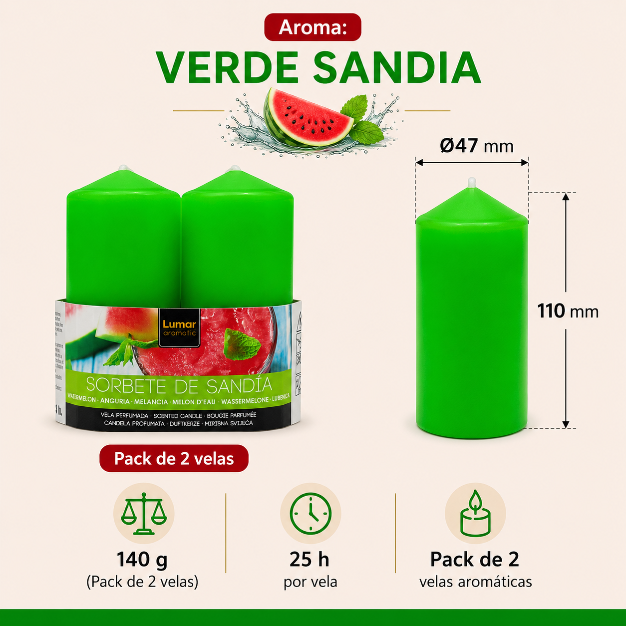 Home Universal® 6 Velas Aromáticas Perfumadas, 9 Aromas Disponibles, 2 Tamaños Disponibles, Velas Decorativas para Hogar, Relax, Spa y Aromaterapia (VERDE SANDIA Ø47 × 110 mm)
