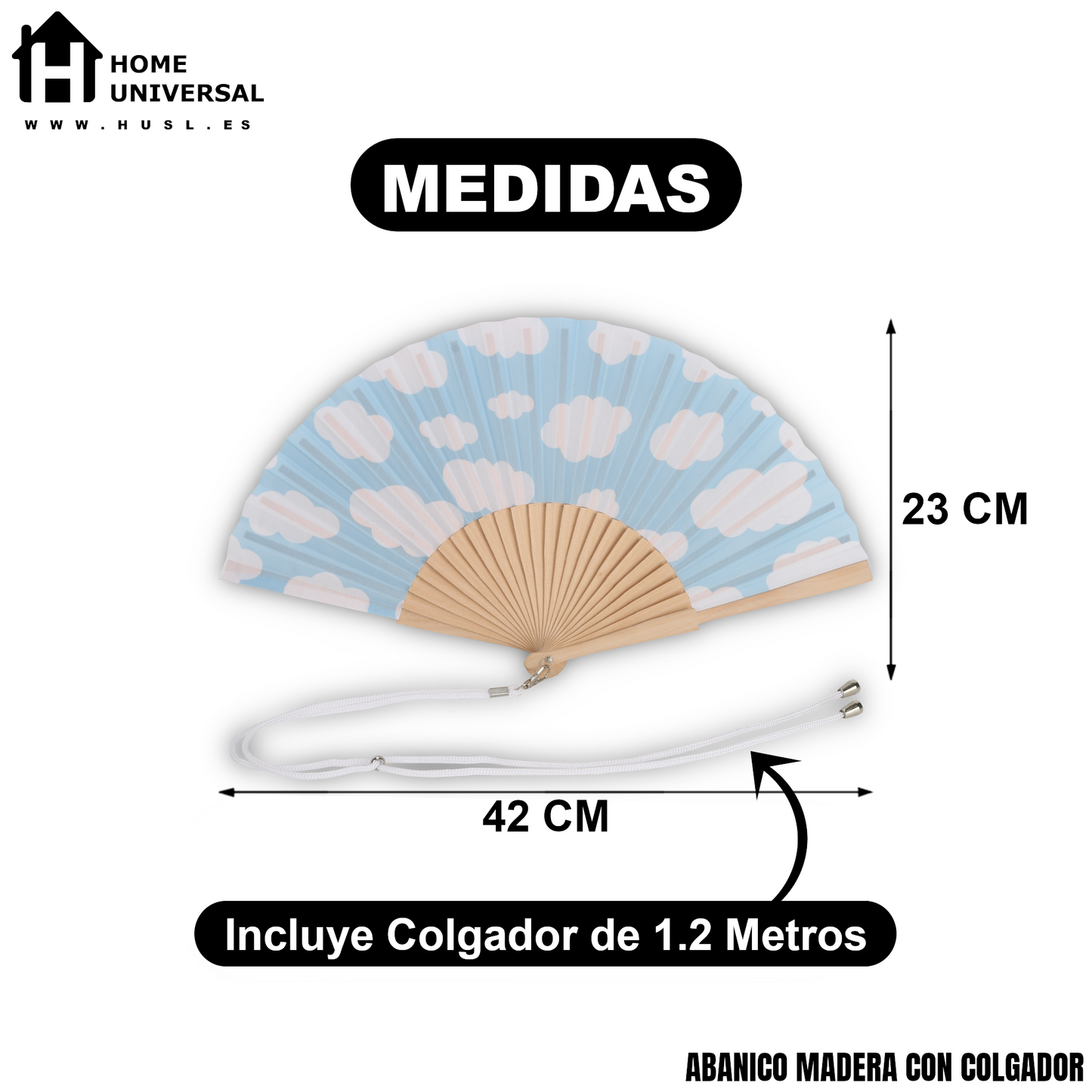 Home Universal® Abanico 23 cm con Cuerda para Cuello – Abanico Plegable de Madera Ligero y Portátil – Accesorio de Verano para Playa, Festivales, Bodas y Eventos – Diseño Divertido, Ideal para Viajes y Calor (Cielo Azul Con Nubes)