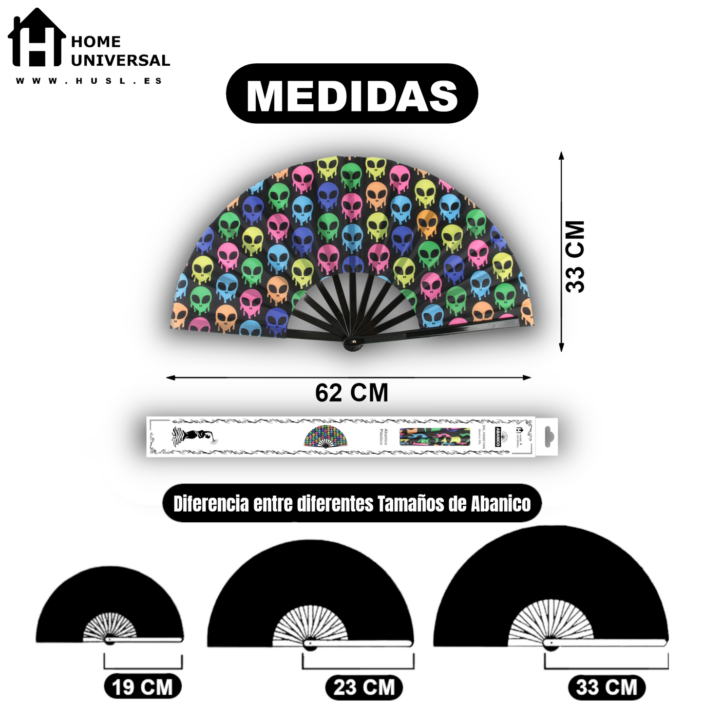 Home Universal® Abanico XXL 33 cm Grande de Plástico con Caja – Plegable, Ligero y Resistente – Efecto Fluorescente Brillante – Ideal para Verano, Fiesta, Discoteca, Pride y Eventos (Alienigena - Multicolor)