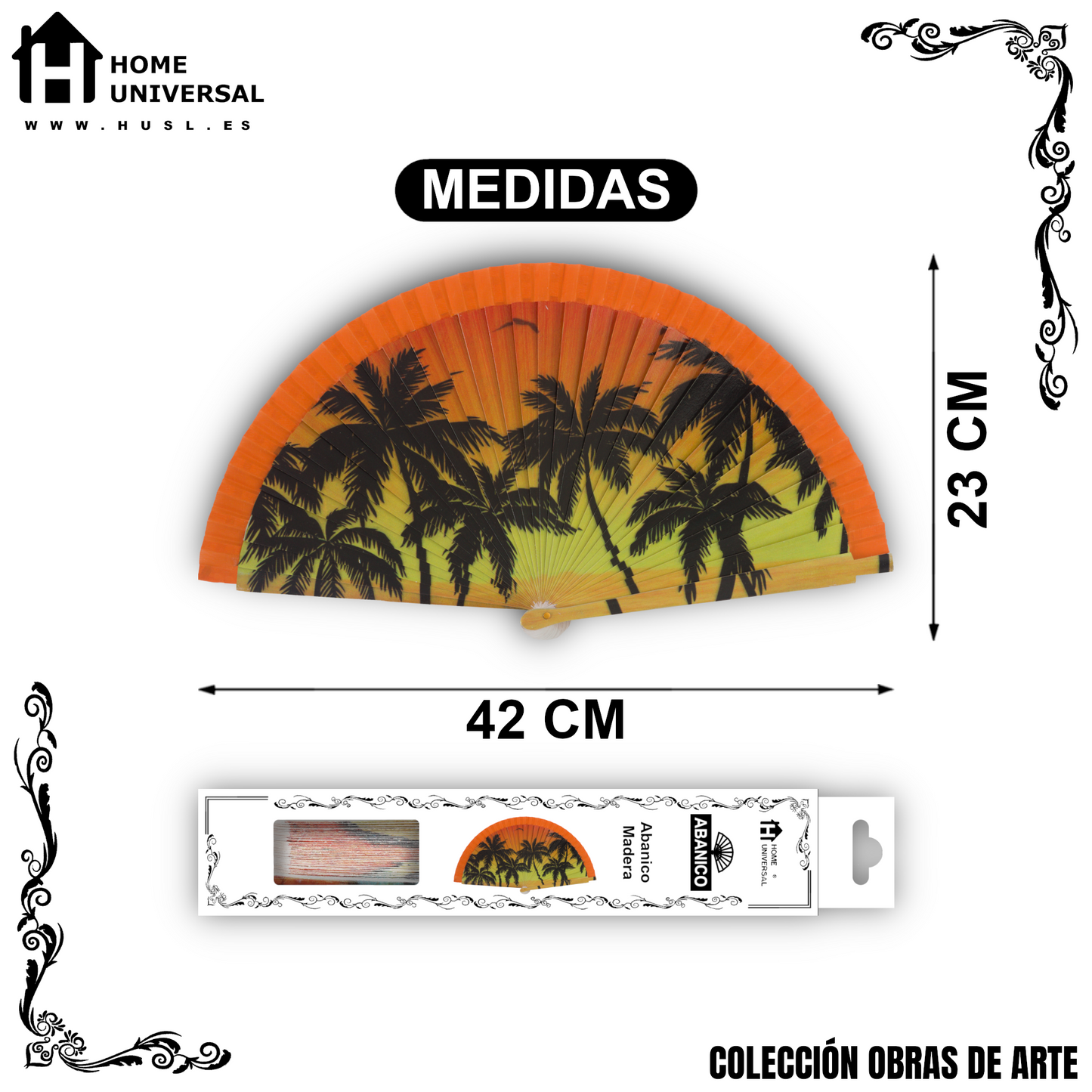 Home Universal®  Abanico 23CM DE Madera Lisa con Tela de Marfil, Abanico de Madera Adornado, Abanico Original - Puesta de Sol Palmeras (Dibujo Artístico)