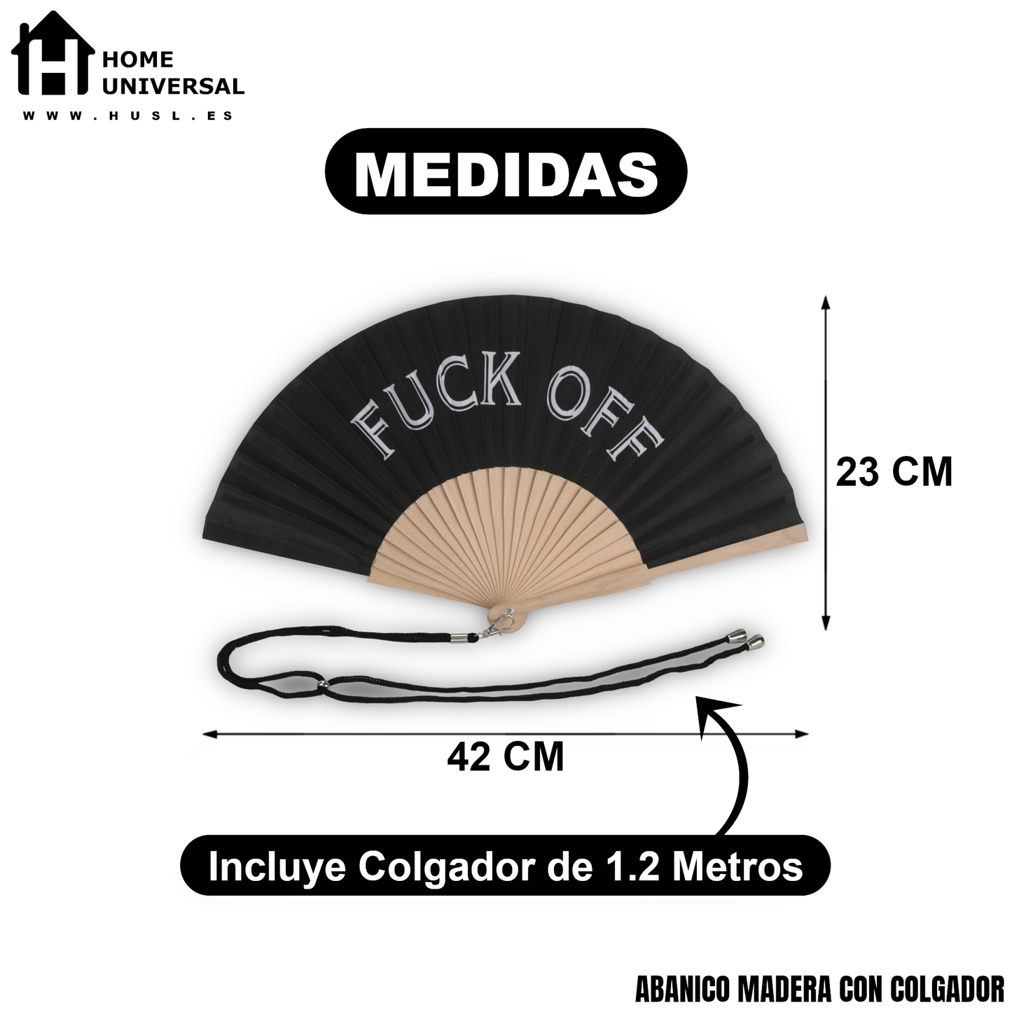 Home Universal® Abanico 23 cm con Cuerda para Cuello – Abanico Plegable de Madera Ligero y Portátil – Accesorio de Verano para Playa, Festivales, Bodas y Eventos – Diseño Divertido, Ideal para Viajes y Calor (FUC* OFF (Negro))