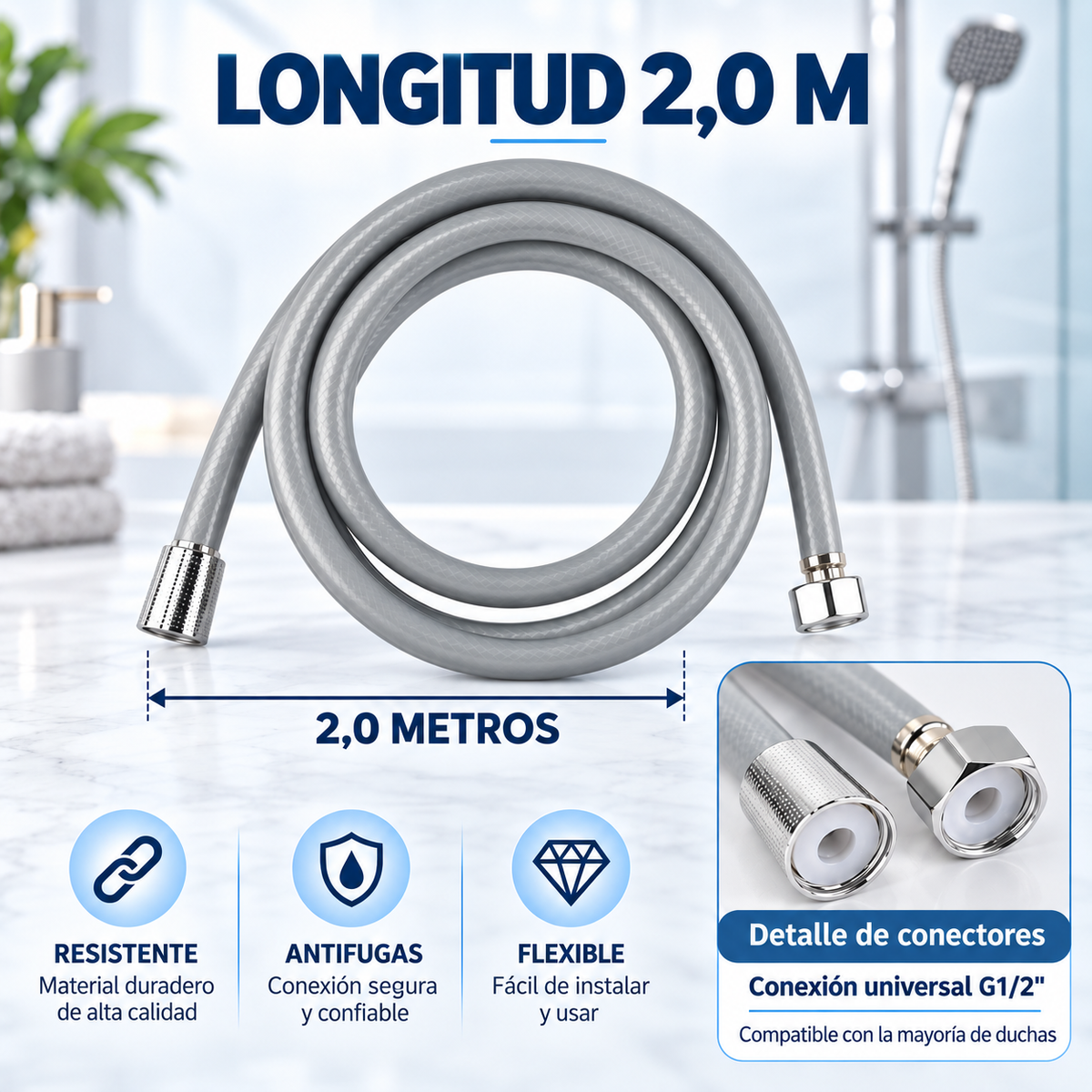 Home Universal® Manguera de Ducha Universal G1/2 – Flexible, Antienredos y Fácil de Instalar, Compatible con la Mayoría de Duchas (Gris Plata (2.0m))