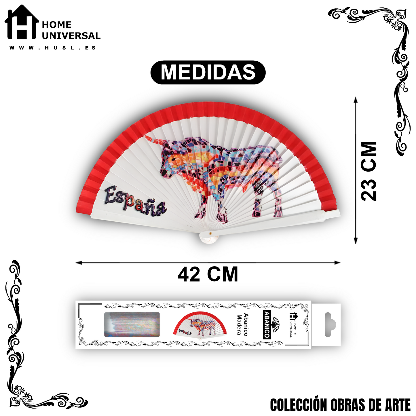 Home Universal®  Abanico 23CM DE Madera Lisa con Tela de Marfil, Abanico de Madera Adornado, Abanico Original - Toro Artístico España (Dibujo Artístico)