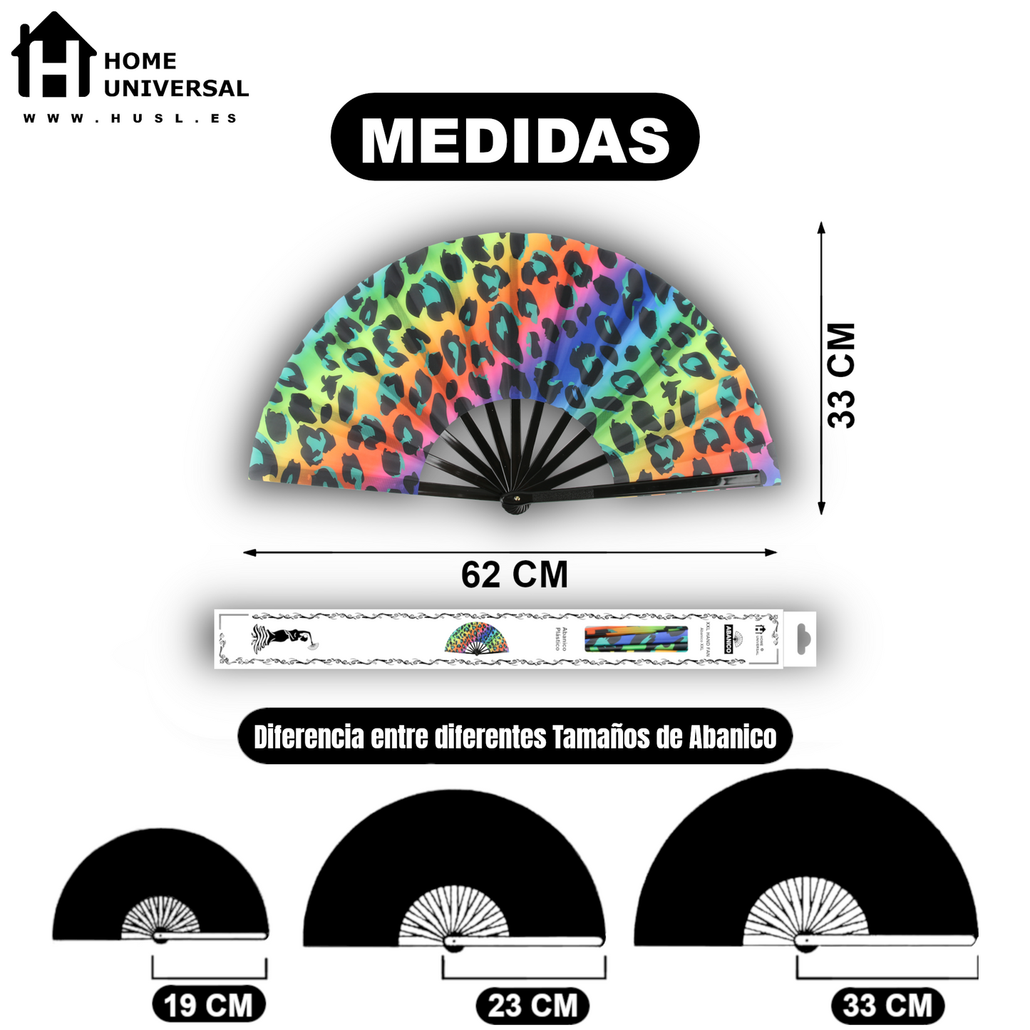 Home Universal® Abanico XXL 33 cm Grande de Plástico con Caja – Plegable, Ligero y Resistente – Efecto Fluorescente Brillante – Ideal para Verano, Fiesta, Discoteca, Pride y Eventos (Leopardo - Multicolor)