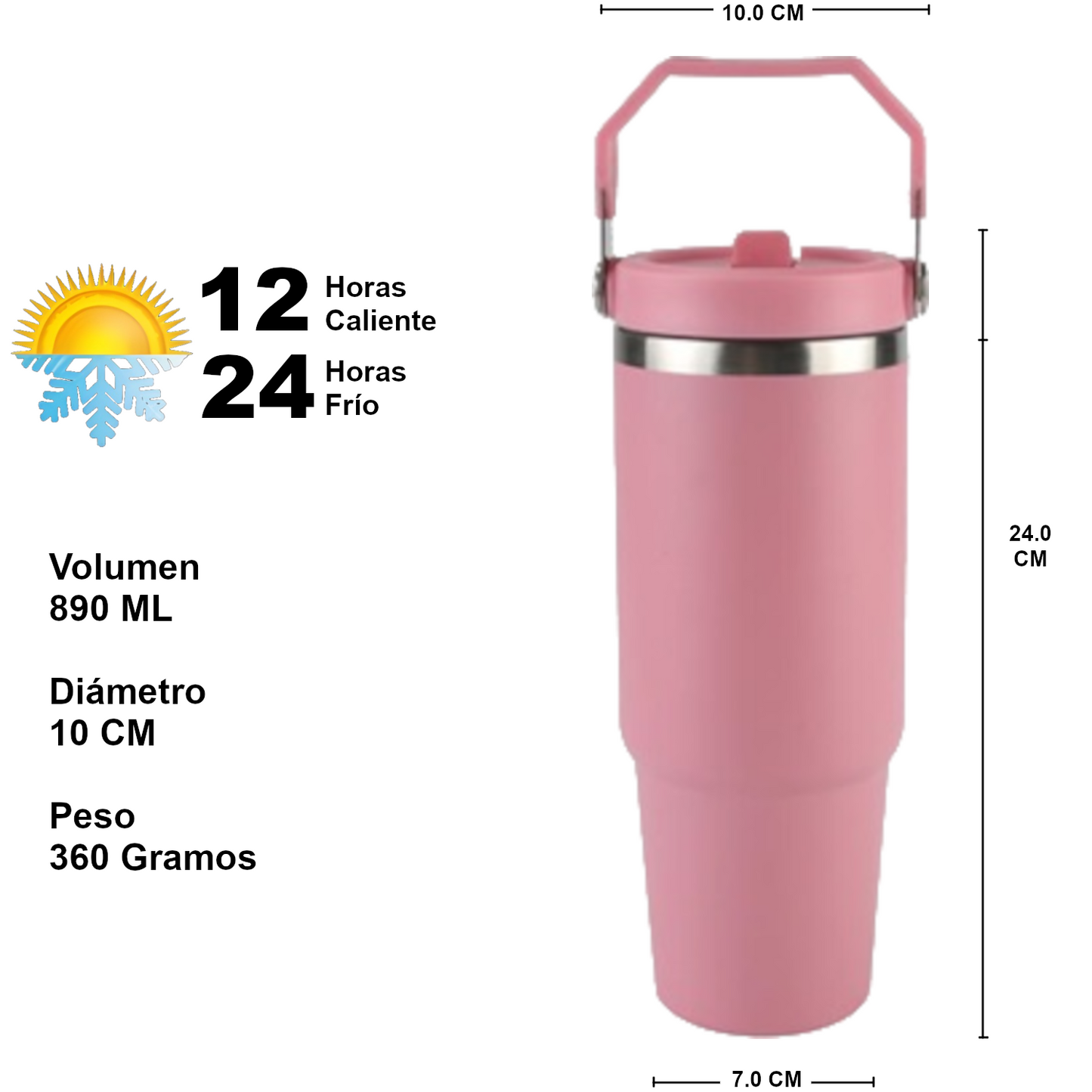 Home Universal ® Vaso térmico 890 ml | Botella de Agua Térmica 0,89L con Pajita | Acero Inoxidable sin BPA | Mantiene Frío 24h y Calor 12h | Termo Reutilizable Fácil de Llevar y Apto Lavavajillas (Rosa)