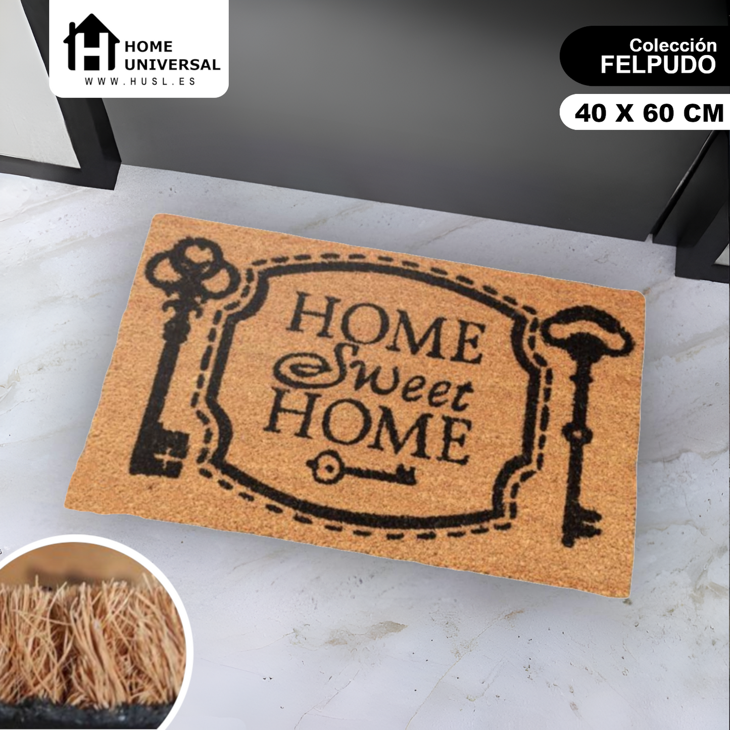 Home Universal ® Felpudos 60x40CM Fibra de Coco | Base Antideslizante de Caucho | Apto para el Exterior (HOME SWEET HOME) LLAVE