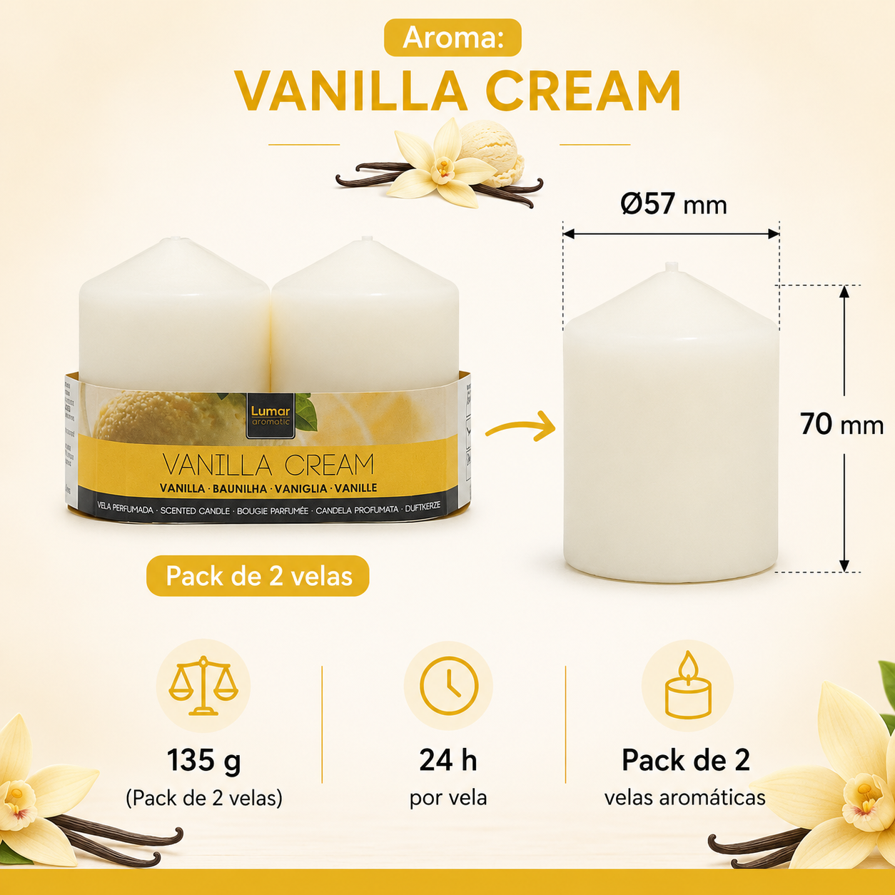 Home Universal® 6 Velas Aromáticas Perfumadas, 9 Aromas Disponibles, 2 Tamaños Disponibles, Velas Decorativas para Hogar, Relax, Spa y Aromaterapia (CREMA VAINILLA Ø57 × 70 mm)