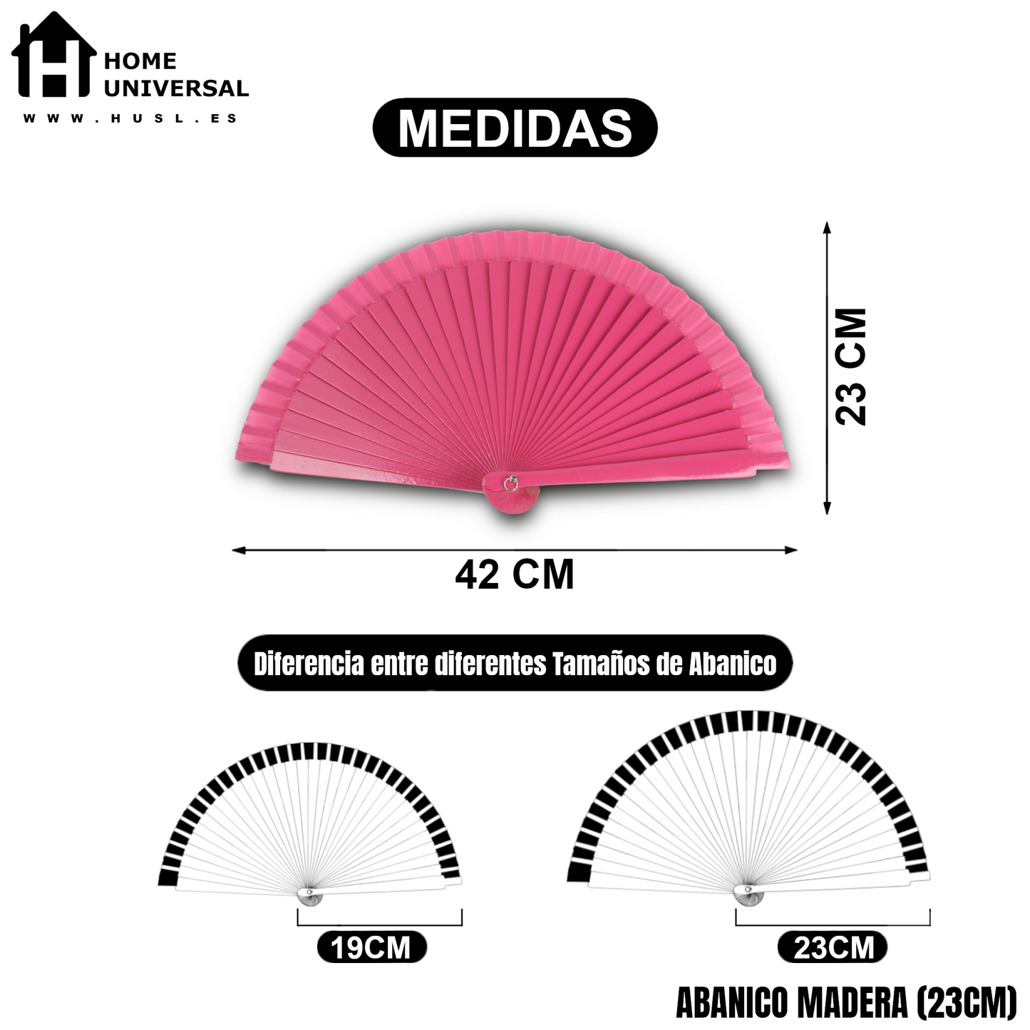 Home Universal® Pack de 1/2 Abanicos de Madera Lacados, Disponibles en Varios Colores y Tamaños, Abanico Flamenco Español para Bodas, Ferias, Fiestas, Comuniones y Eventos (23 cm, Rosa Fucsia)