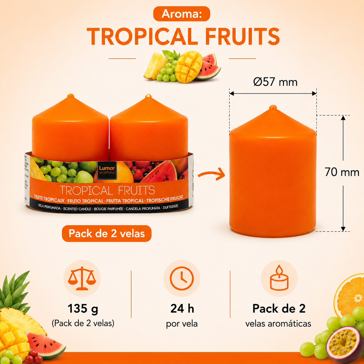 Home Universal® 6 Velas Aromáticas Perfumadas, 9 Aromas Disponibles, 2 Tamaños Disponibles, Velas Decorativas para Hogar, Relax, Spa y Aromaterapia (TROPICAL FRUITS Ø57 × 70 mm)