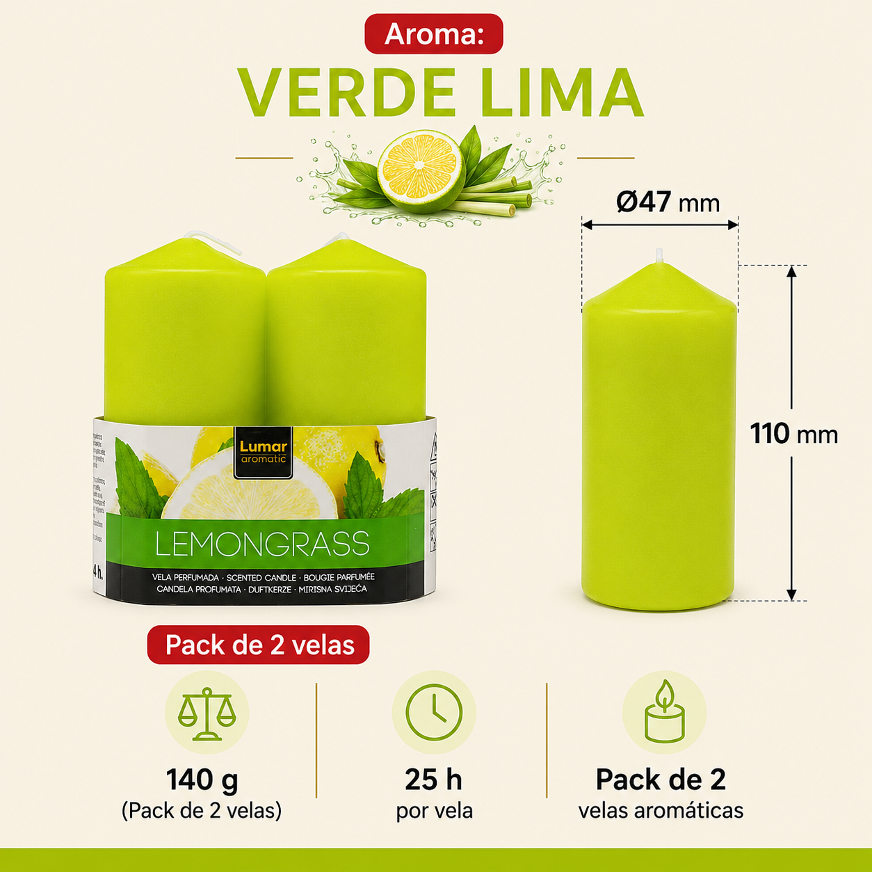 Home Universal® 6 Velas Aromáticas Perfumadas, 9 Aromas Disponibles, 2 Tamaños Disponibles, Velas Decorativas para Hogar, Relax, Spa y Aromaterapia (VERDE LIMA Ø47 × 110 mm)