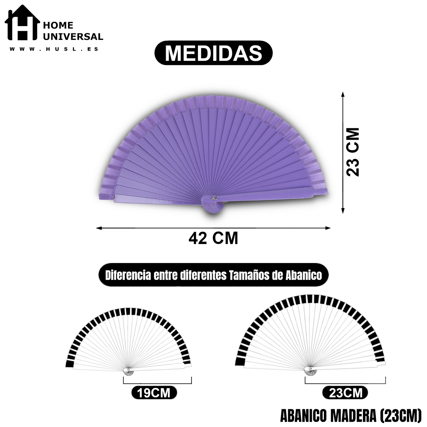 Home Universal® Pack de 1/2 Abanicos de Madera Lacados, Disponibles en Varios Colores y Tamaños, Abanico Flamenco Español para Bodas, Ferias, Fiestas, Comuniones y Eventos (23 cm, Morado)