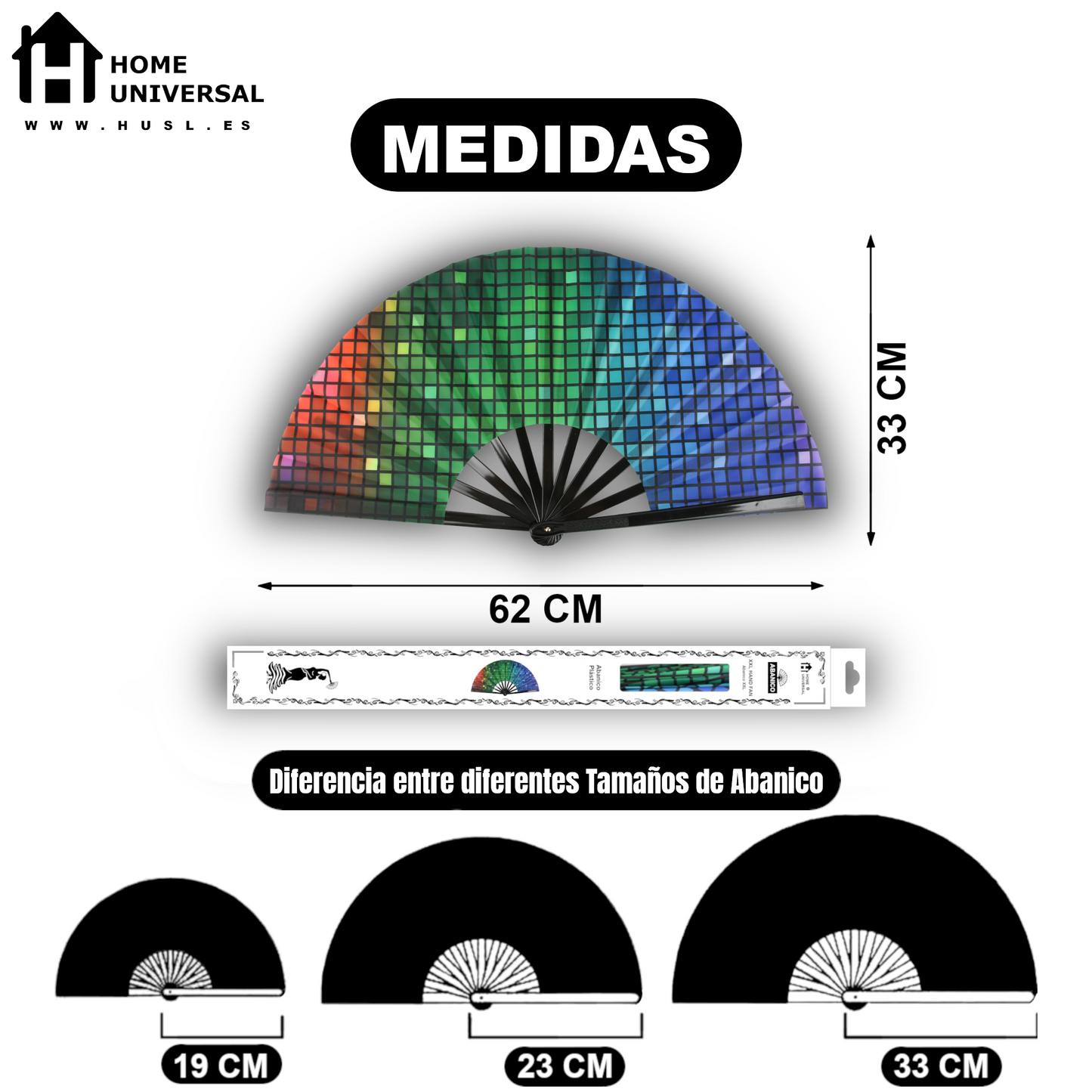 Home Universal® Abanico XXL 33 cm Grande de Plástico con Caja – Plegable, Ligero y Resistente – Efecto Fluorescente Brillante – Ideal para Verano, Fiesta, Discoteca, Pride y Eventos (Discoteca - Cuadrado)