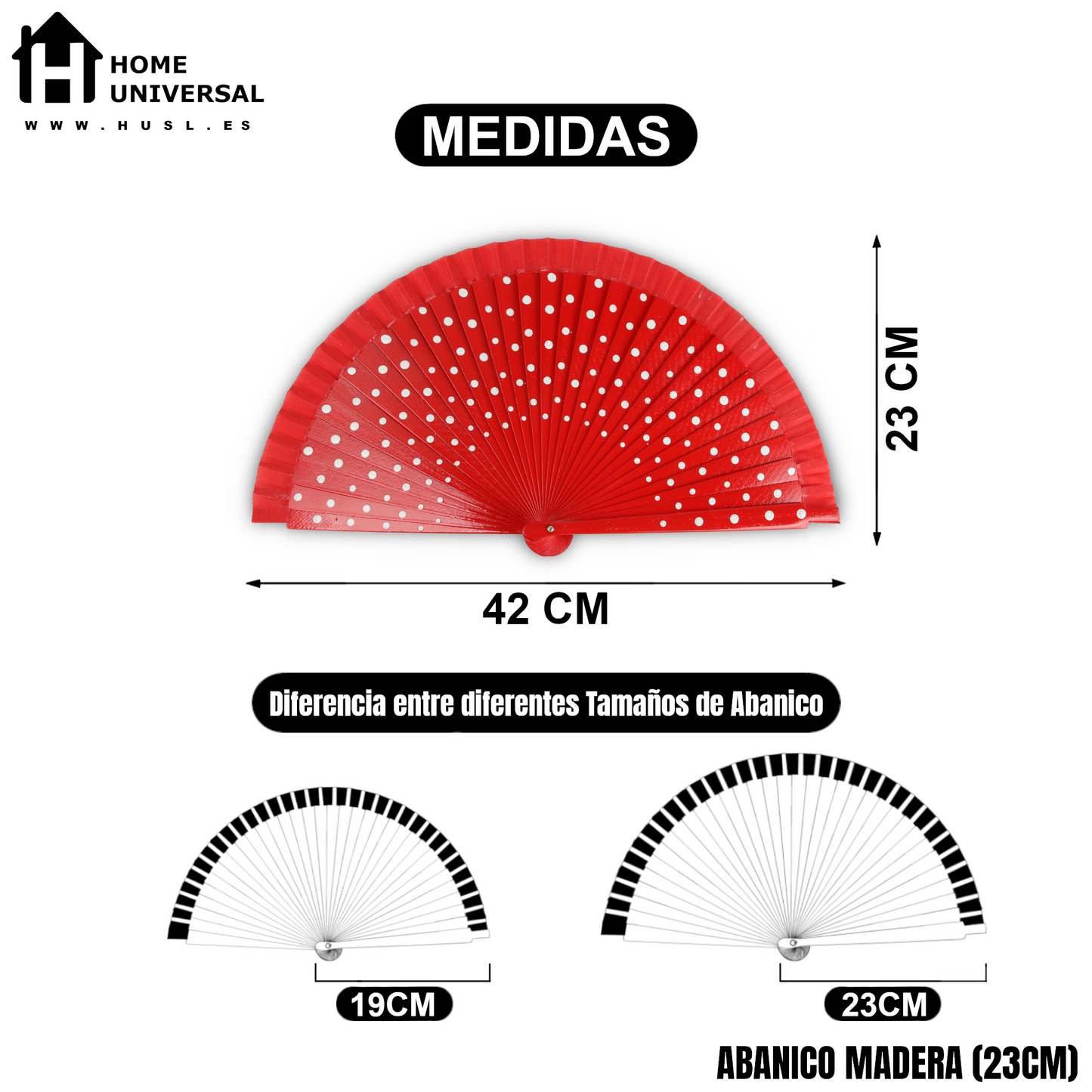 Home Universal®  Abanico Español Plegable de Madera con Argolla de Doble Cara Rojo con Lunares - Ventilador de Mano Ligero Portátil para Flamenco, Bodas, Fiesta y Verano - Rojo Con Lunar Blanco - 23 CM (12 Unidades)