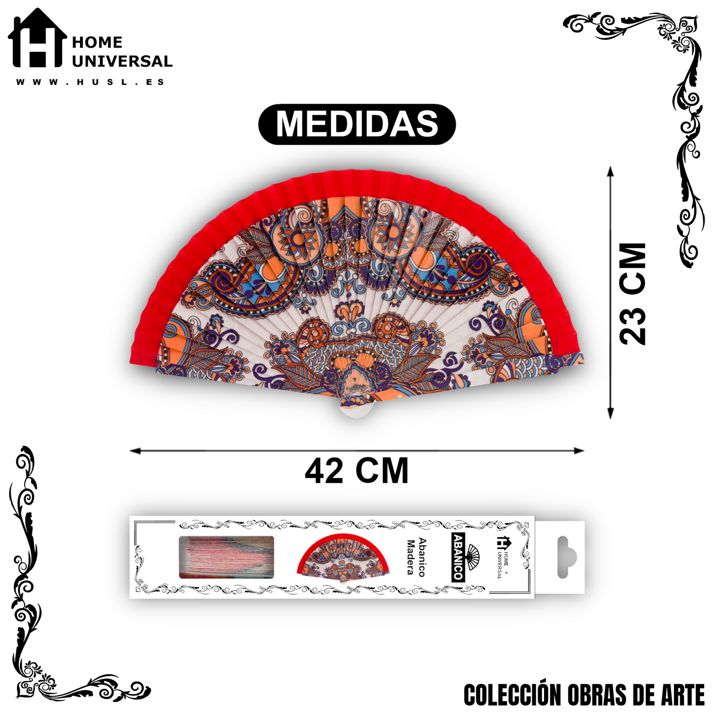 Home Universal®  Abanico 23CM DE Madera Lisa con Tela de Marfil, Abanico de Madera Adornado, Abanico Original - Estampado Floral con Tela Rojo