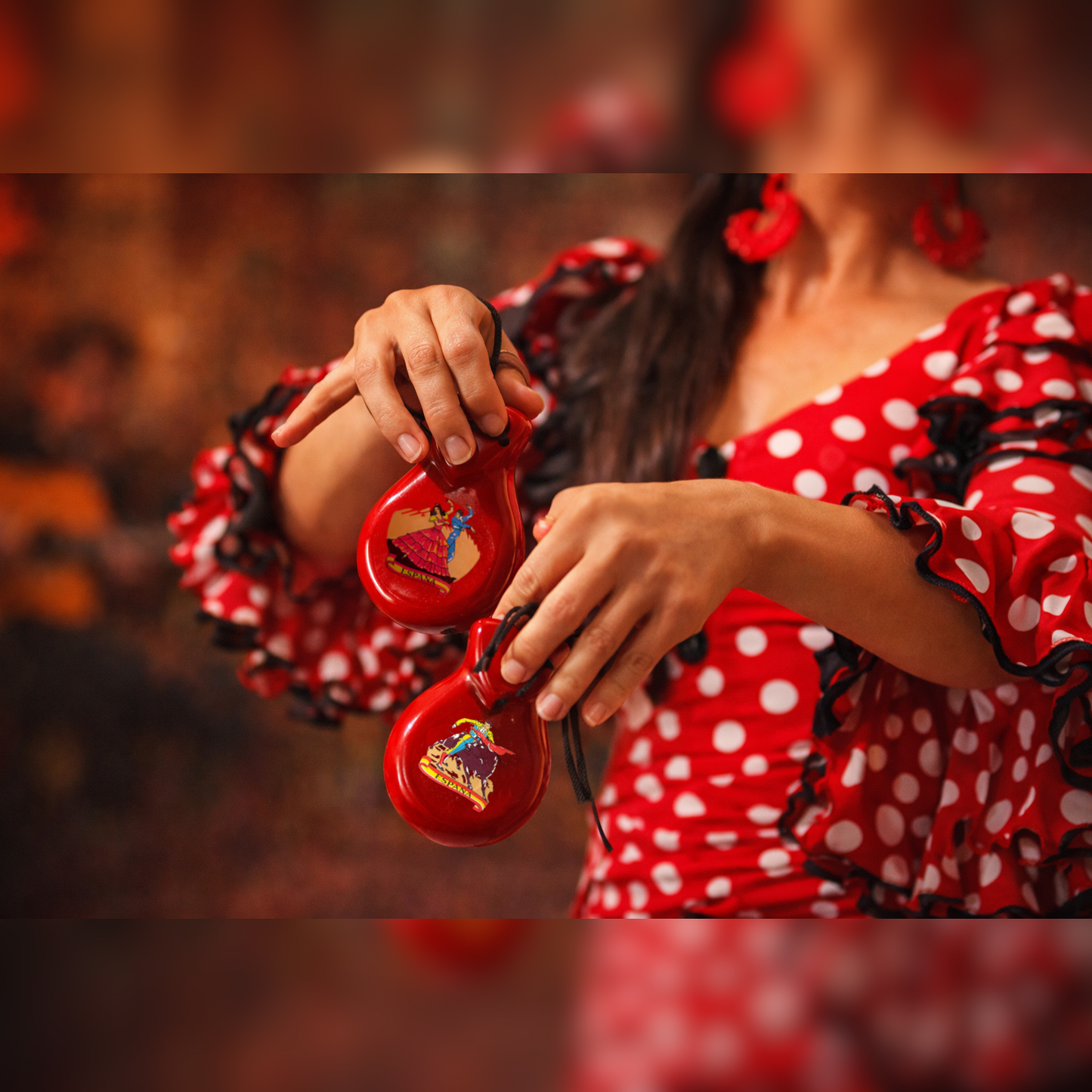 Home Universal® Castañuelas Flamencas Rojas con Lunares, Castañuelas Españolas para Baile de Flamenco,Sonido Tradicional,Ideales para Fiestas de Sevilla, Ferias, Disfraces y Eventos Españoles,2 Piezas (Dibujo Típico Español · Marrón)