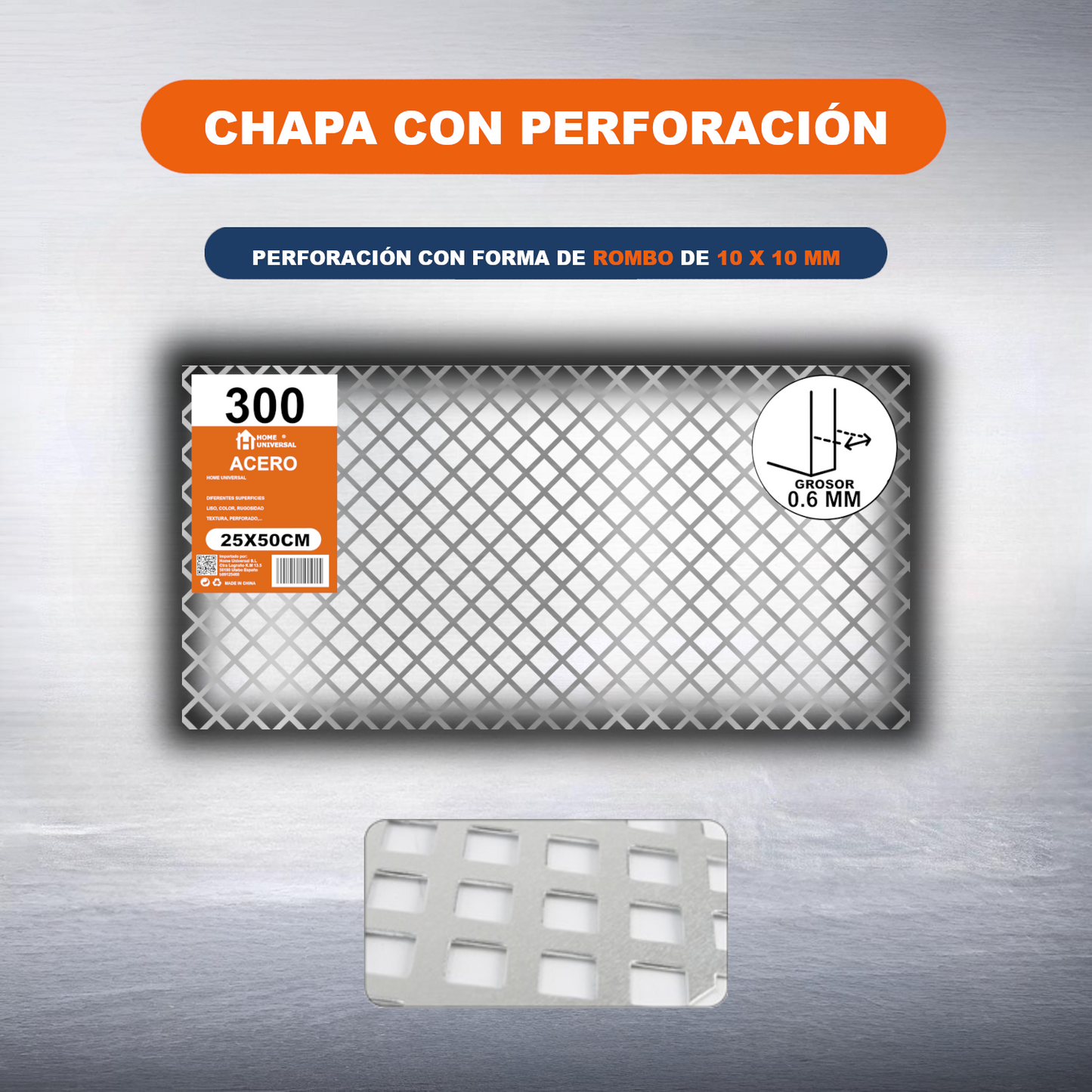 Home Universal® Chapa Galvanizada Lisa y Perforada, Lámina Metálica Resistente Anticorrosión para BricolajeSuperficie (Superficie Perforada Forma Rombo-10X10MM (25X50CM - 0.6MM))
