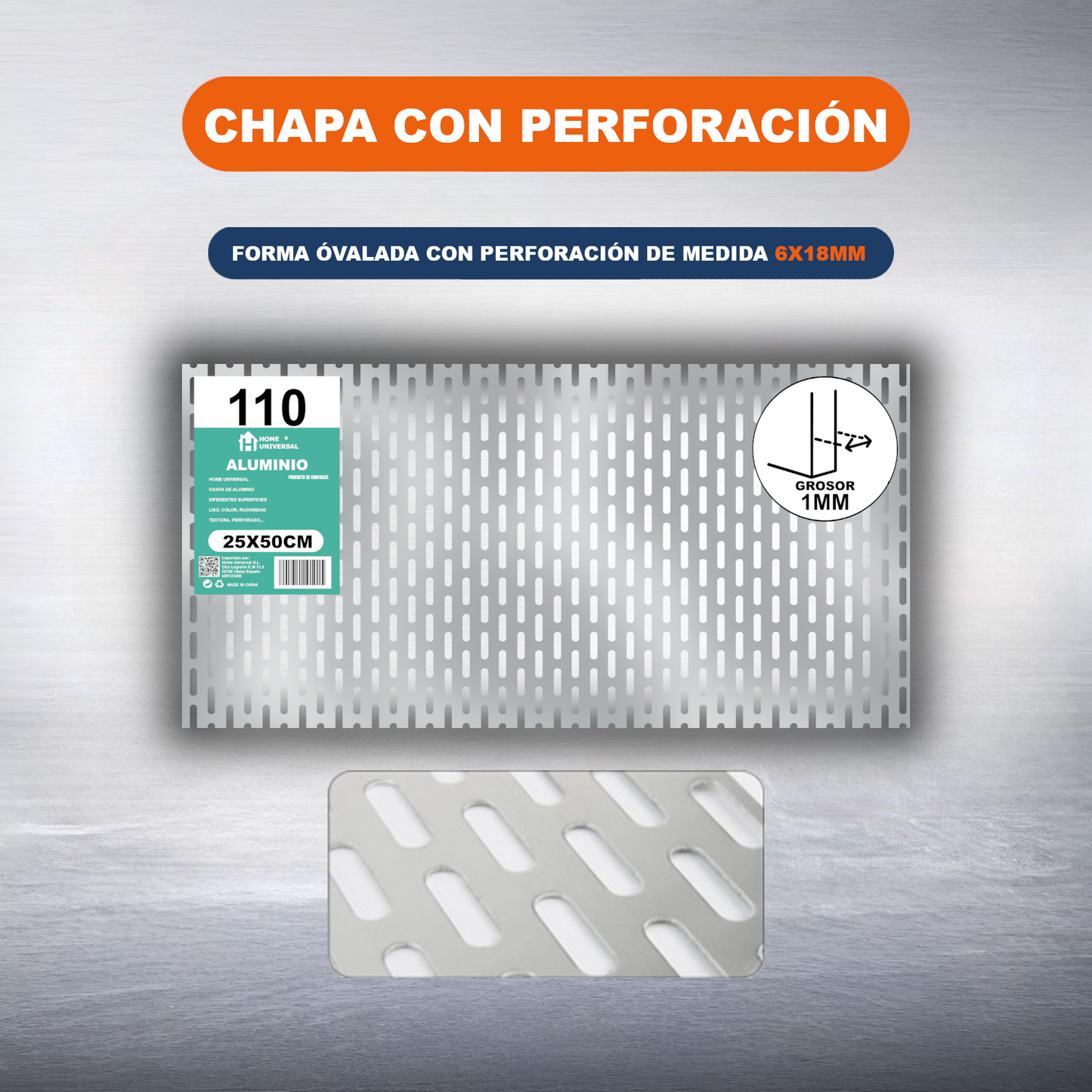 ome Universal® Chapa de Aluminio Estriada, Lisa, Malla y Perforada (Cuadrada, Ovalada, Redonda), Rugosa – Lámina Metálica Resistente Anticorrosión para Bricolaje e Industria Superficie (Perforada Forma Óvalo) - Perforada Óvalo-6X18MM (25X50CM - 1MM)