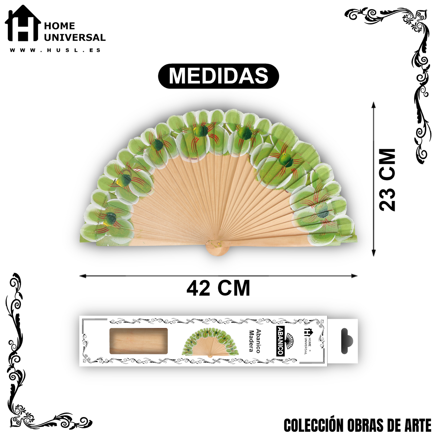 Home Universal®  Abanico 23CM DE Madera Lisa con Tela de Marfil, Abanico de Madera Adornado, Abanico Original - Floral Verde