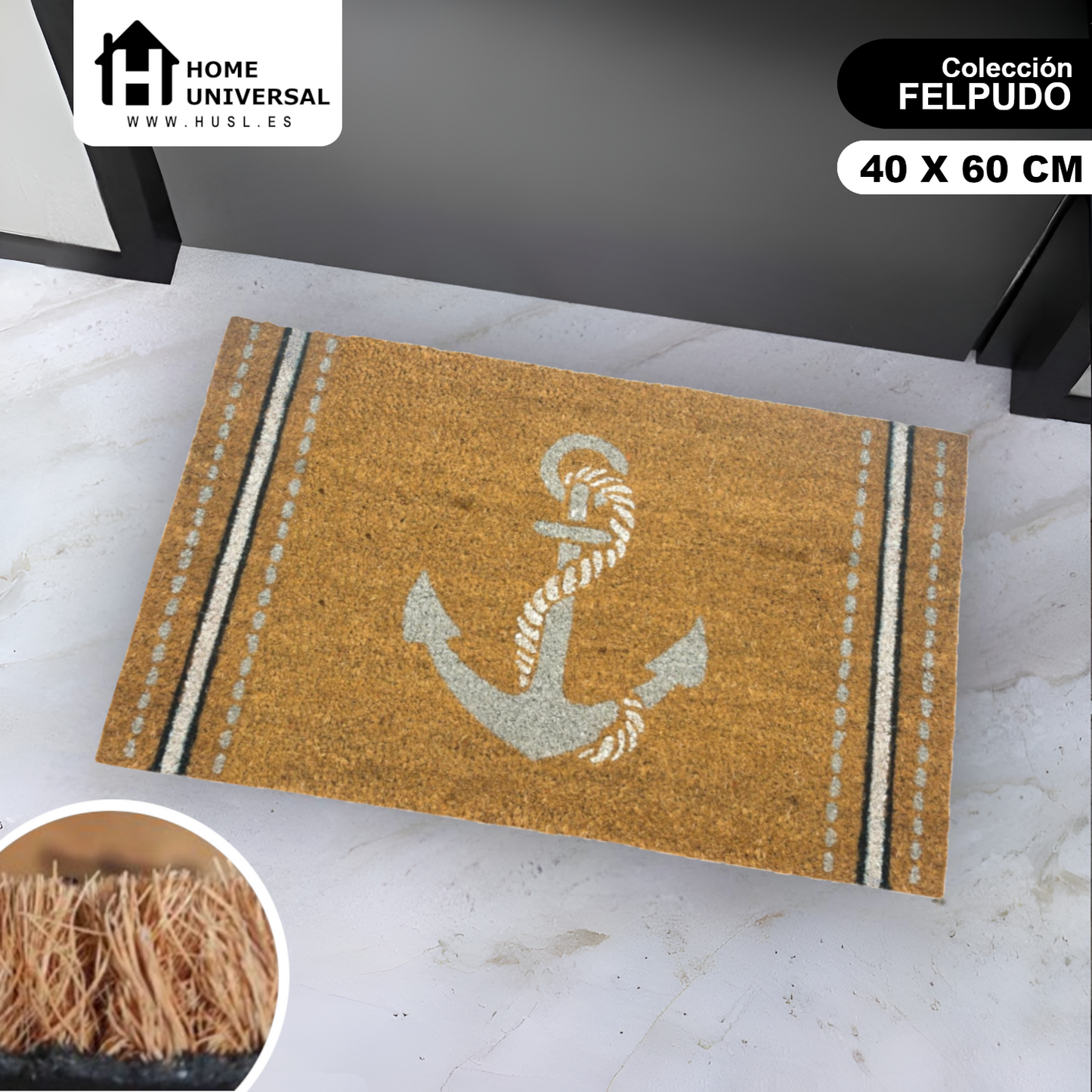 HOME UNIVERSAL | Felpudos de Fibra de Coco con Base Antideslizante 60x40x1.5CM (ANCLA)