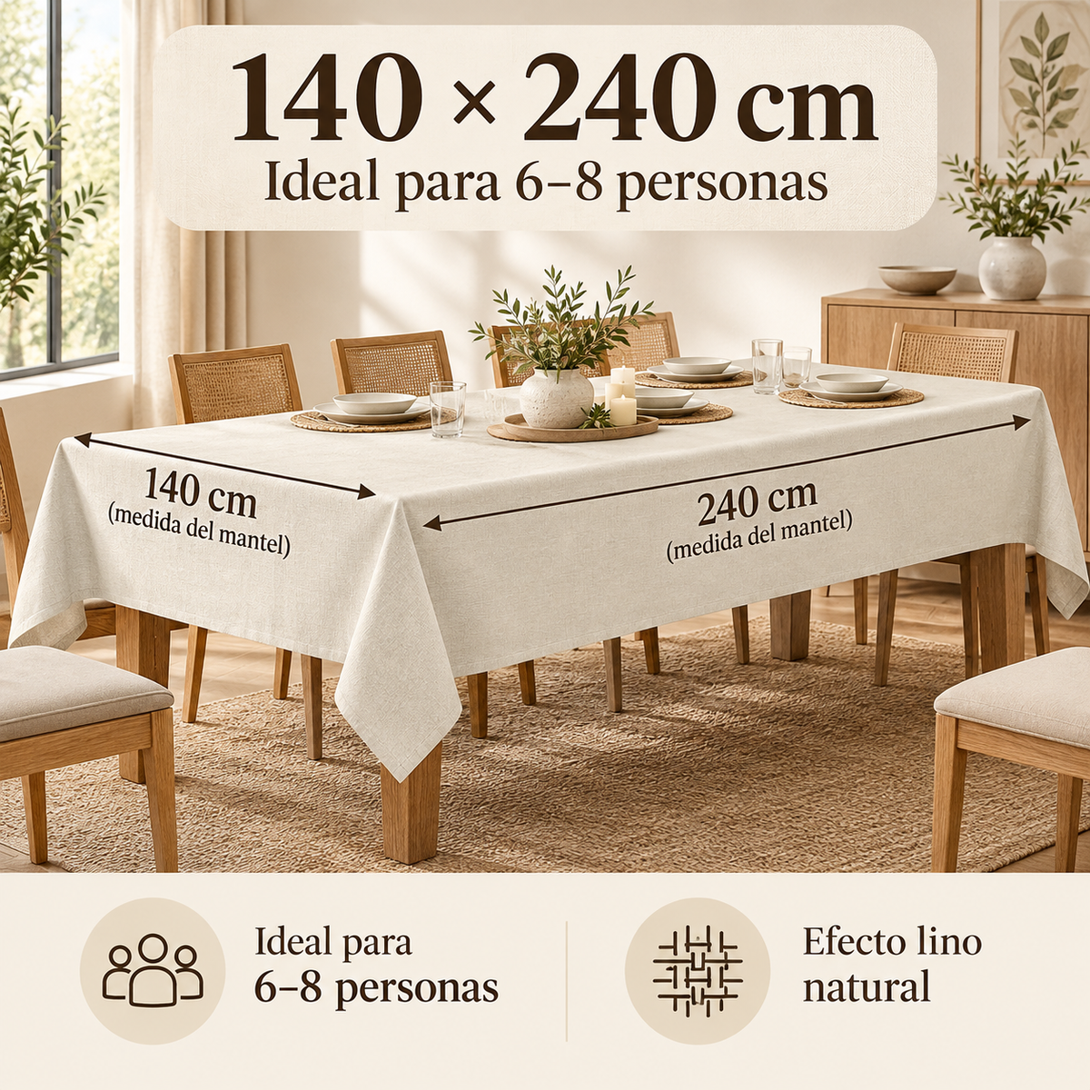 Home Universal® Mantel de Mesa Impermeable y Antimanchas, Tejido de Loneta con Efecto Lino , Liso o Estampado, para Cocina y Comedor (Blanco Liso)