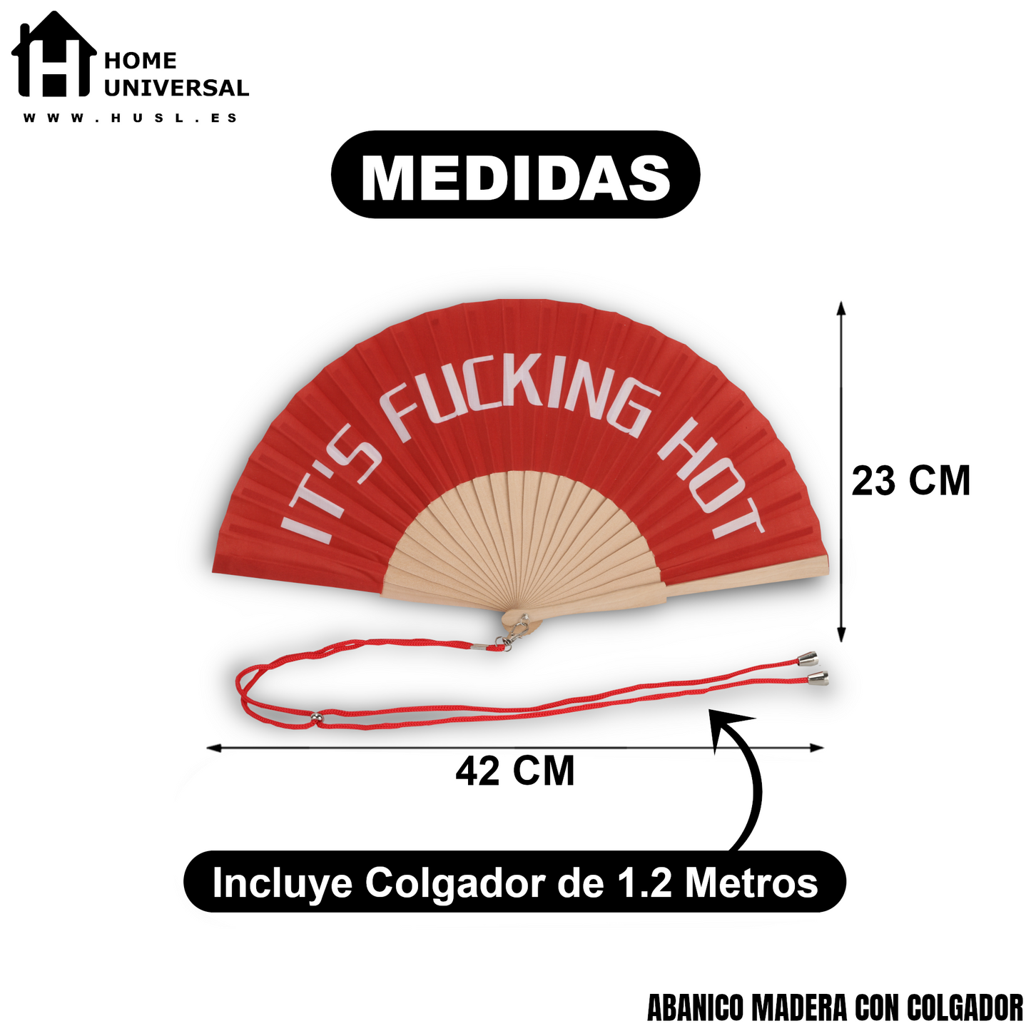 Home Universal® Abanico 23 cm con Cuerda para Cuello – Abanico Plegable de Madera Ligero y Portátil – Accesorio de Verano para Playa, Festivales, Bodas y Eventos – Diseño Divertido, Ideal para Viajes y Calor (IT´S FUC*ING HOT (Rojo))