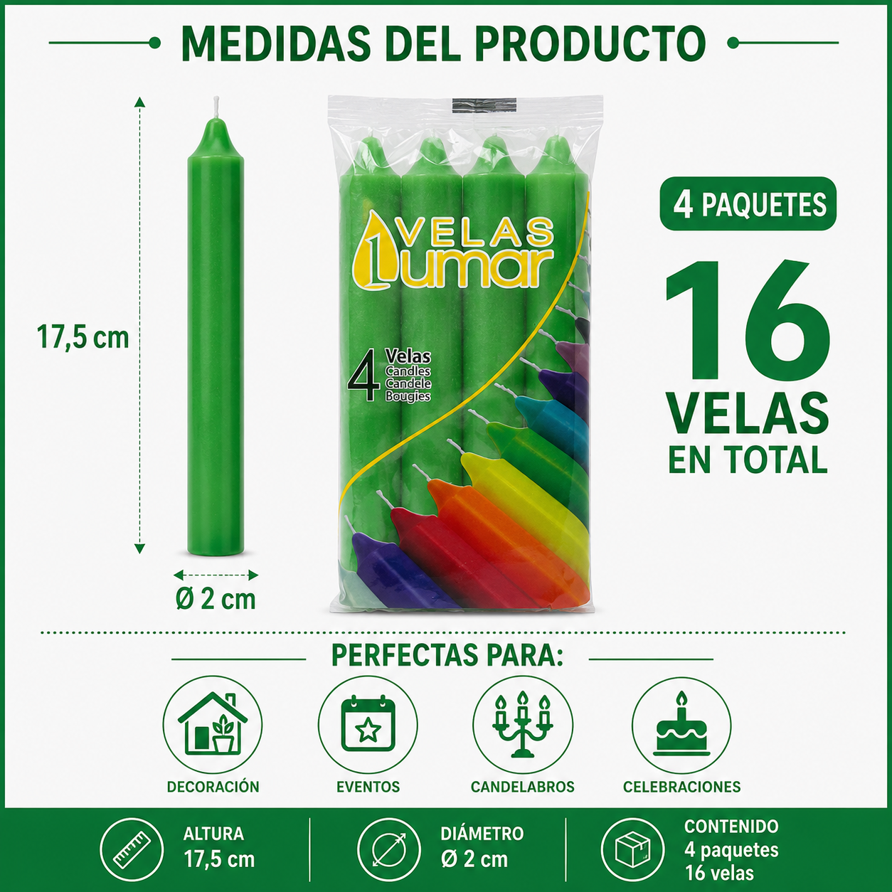 Home Universal® Pack de 16 Velas Cilíndricas Verde Esmeralda 175x20 mm, Velas para Candelabros, Decoración de Mesa, Bodas, Comuniones y Eventos