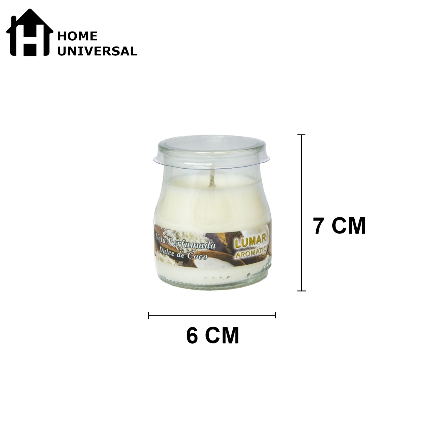 Home Universal® Pack de 3/6/12 Velas Aromáticas en Vaso de Cristal Reciclable LUMAR AROMATIC – 24h de Duración por Vela – Cera Vegetal Perfumada – 16 Fragancias Disponibles – Fabricadas en España – 7x6cm (Dulce de Coco)