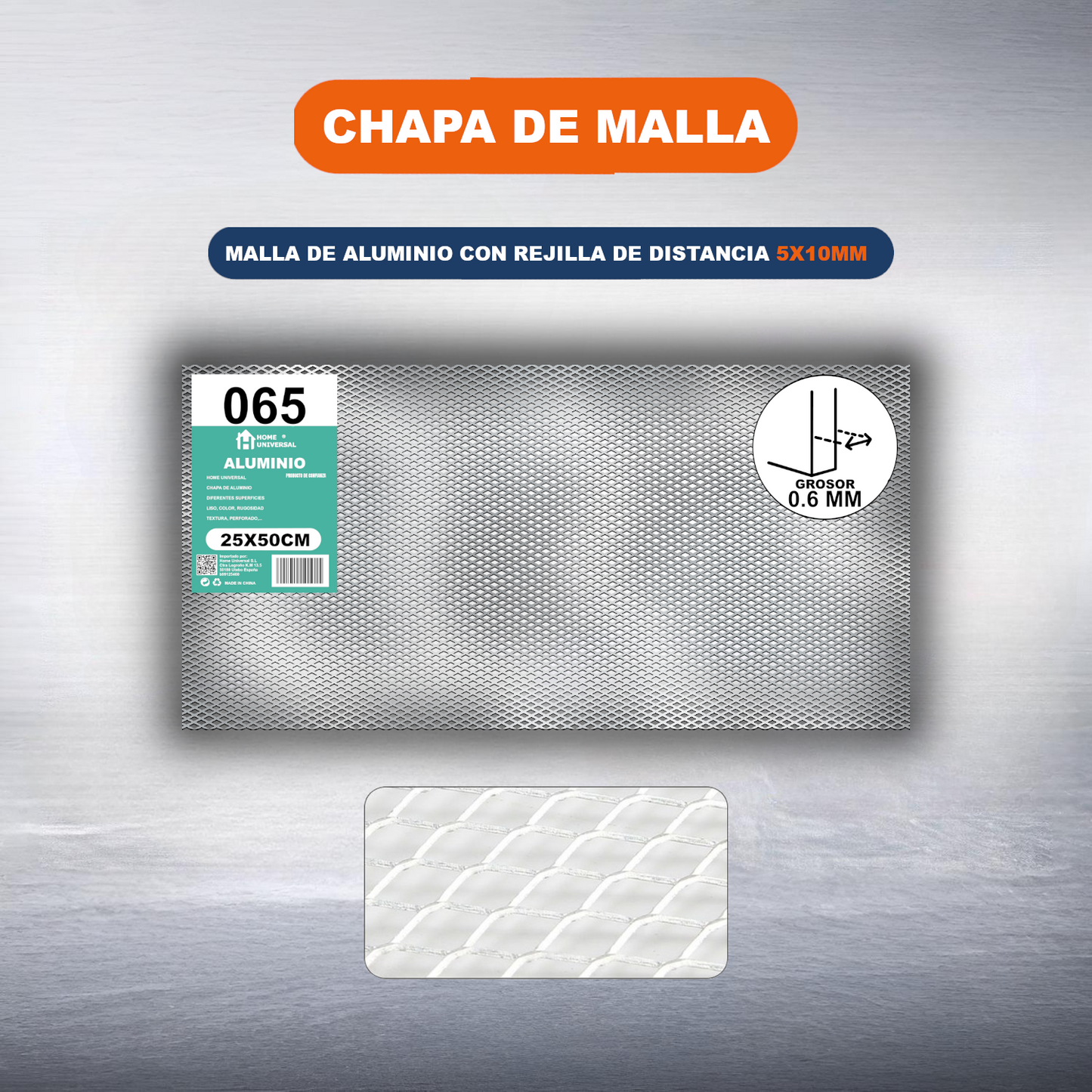 ome Universal® Chapa de Aluminio Estriada, Lisa, Malla y Perforada (Cuadrada, Ovalada, Redonda), Rugosa – Lámina Metálica Resistente Anticorrosión para Bricolaje e Industria Superficie (Malla) - Malla-5X10MM (25X50CM - 0.6MM)
