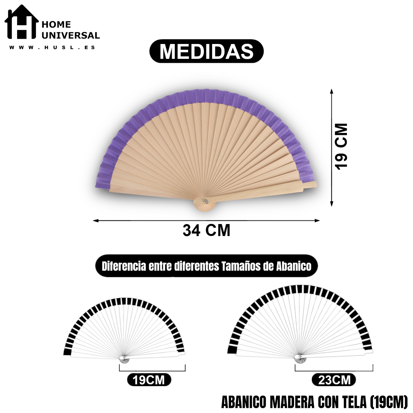 Home Universal® Pack de 1/2 Abanicos de Madera Lacados, Disponibles en Varios Colores y Tamaños, Abanico Flamenco Español para Bodas, Ferias, Fiestas, Comuniones y Eventos (19 cm, Madera y Morado)