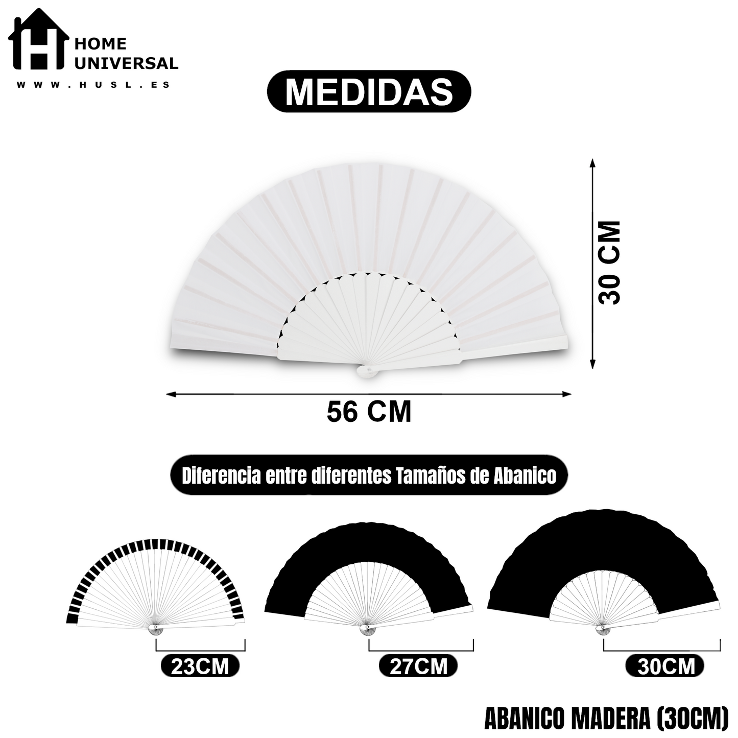 Home Universal® Abanico de madera con argollas para colgar, plegable, ligero y resistente, ideal para bodas, eventos y verano, diseño clásico y portátil perfecto para regalo y uso diario - Blanco (30CM)