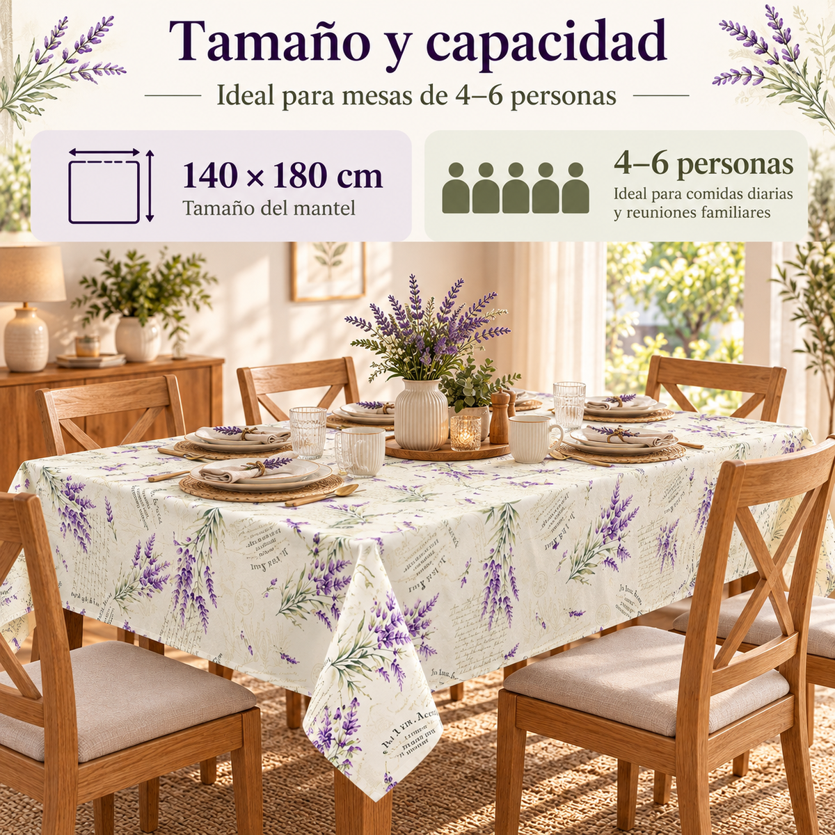 Home Universal® Mantel de Mesa Impermeable y Antimanchas, Tejido de Loneta con Efecto Lino , Liso o Estampado, para Cocina y Comedor (Lavanda)