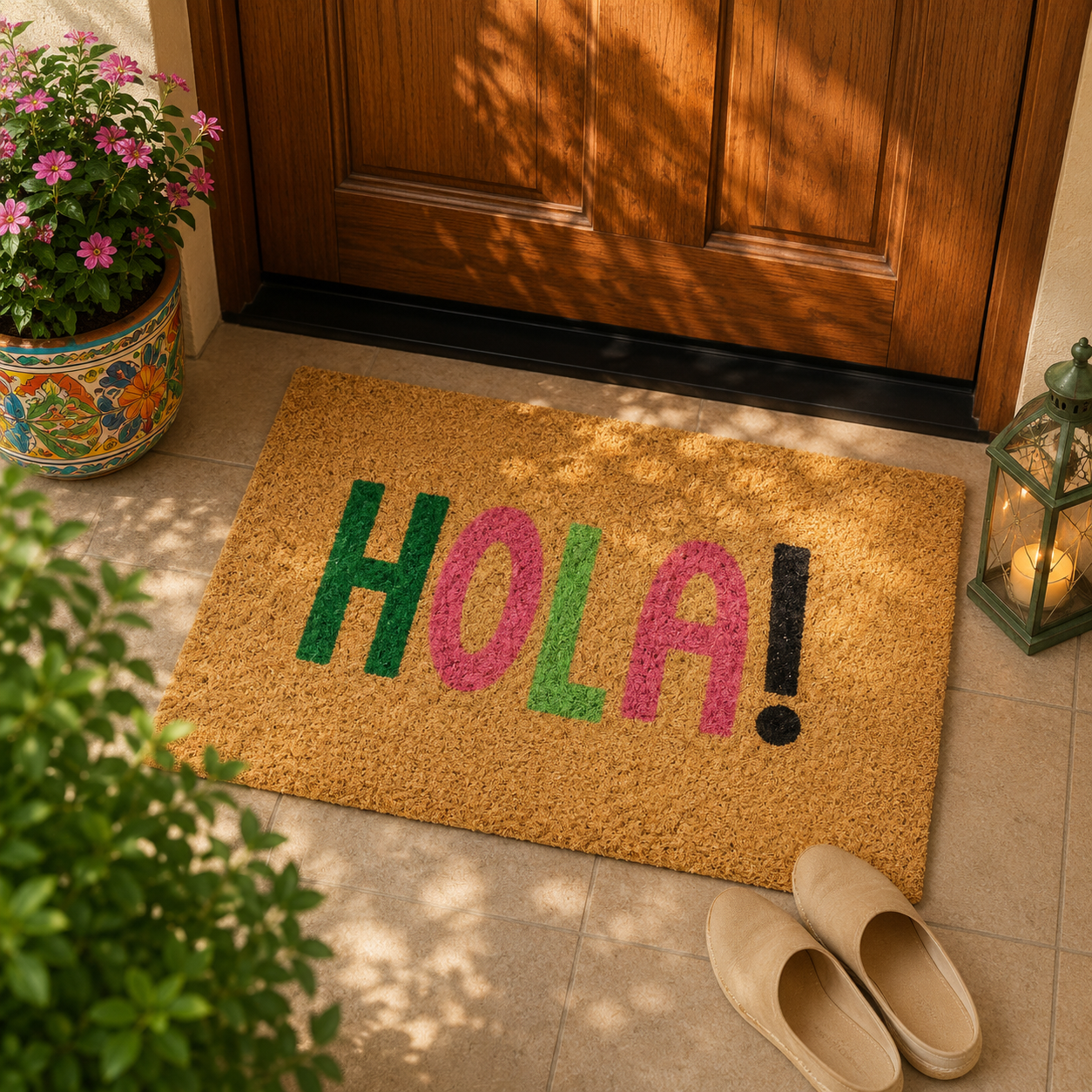 Home Universal ® Felpudos 60x40CM Fibra de Coco | Base Antideslizante de Caucho | Apto para el Exterior (Hola Multicolor)