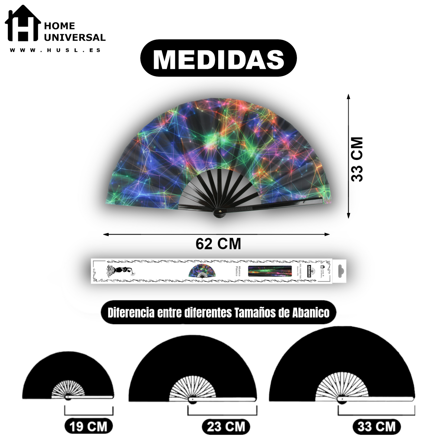 Home Universal® Abanico XXL 33 cm Grande de Plástico con Caja – Plegable, Ligero y Resistente – Efecto Fluorescente Brillante – Ideal para Verano, Fiesta, Discoteca, Pride y Eventos (Galaxy - Nebulosa)