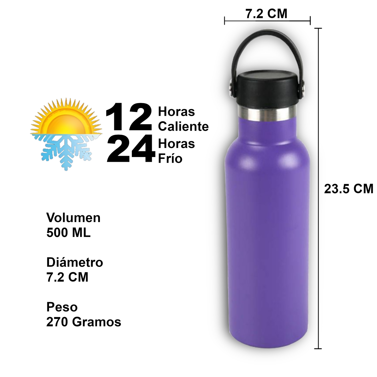Home Universal® Botella Térmica 500ml de Acero Inoxidable | 12h y Frías 24h | Doble Pared | Mantiene Frío y Caliente por Horas | Antiderrames, Ligera e Ideal para Deporte, Oficina y Viajes - (Morado)