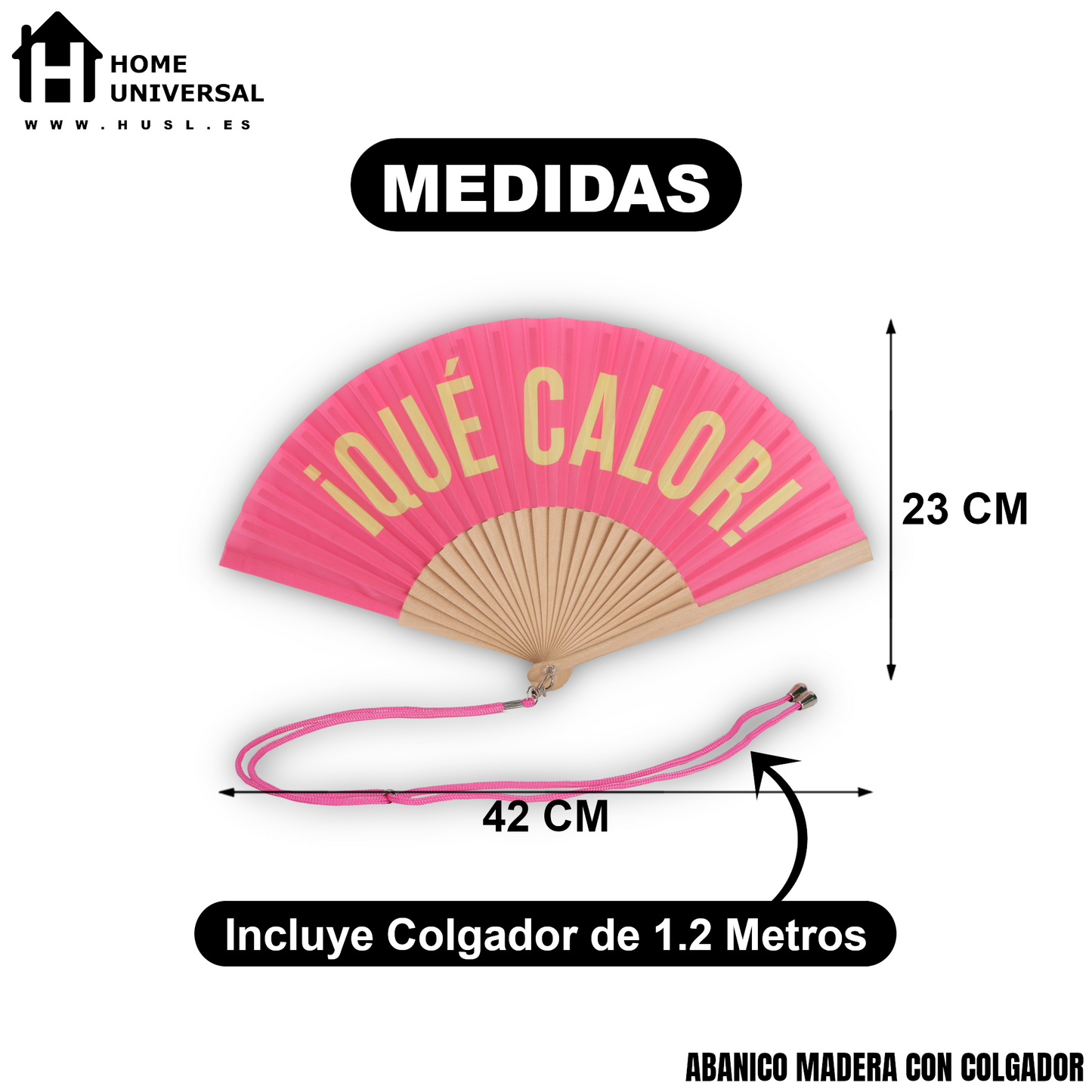 Home Universal® Abanico 23 cm con Cuerda para Cuello – Abanico Plegable de Madera Ligero y Portátil – Accesorio de Verano para Playa, Festivales, Bodas y Eventos – Diseño Divertido, Ideal para Viajes y Calor (¡QUÉ CALOR! (Rosa))