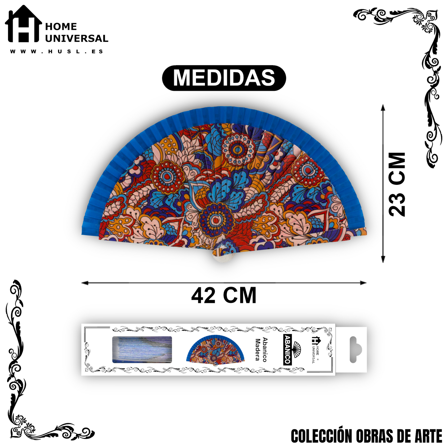 Home Universal®  Abanico 23CM DE Madera Lisa con Tela de Marfil, Abanico de Madera Adornado, Abanico Original - Estampado Floral con Tela Azul