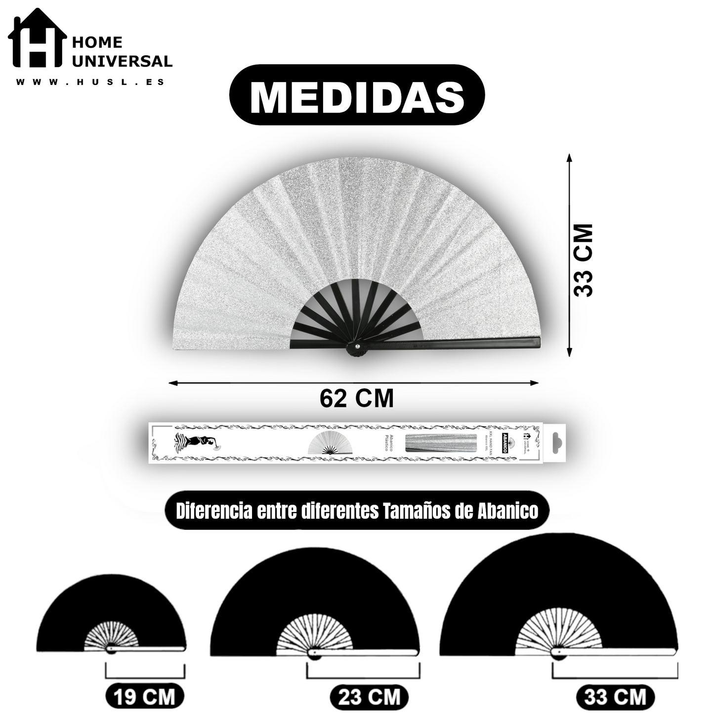Home Universal® Abanico XXL 33 cm Grande de Plástico con Caja – Plegable, Ligero y Resistente – Efecto Fluorescente Brillante – Ideal para Verano, Fiesta, Discoteca, Pride y Eventos - Plateado (Purpurina)