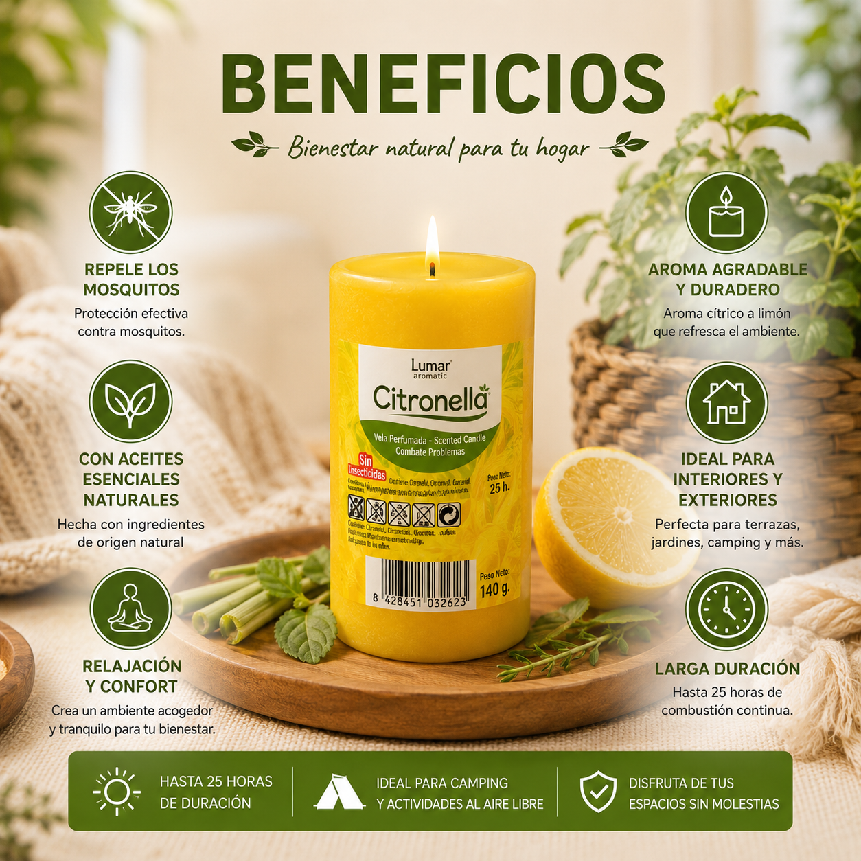 Lumar Citronela – Velas Antimosquitos para Exterior, Jardín, Terraza y Balcón | Protección Natural contra Mosquitos para Verano  - Citronela Pilar (6 Unidades)
